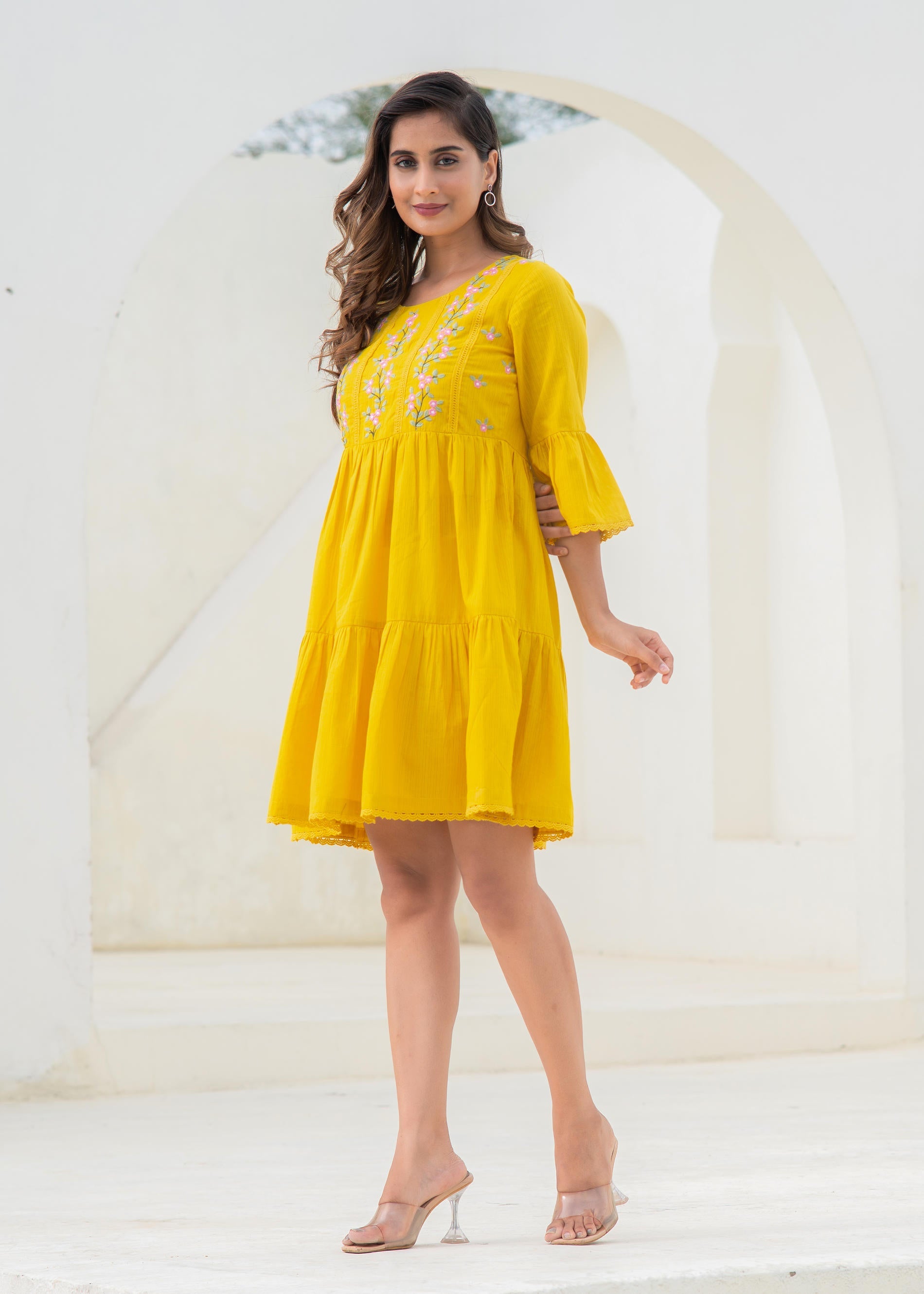 Mustard Embroidered Cotton Tiered Dress – Mirror & Thread Work