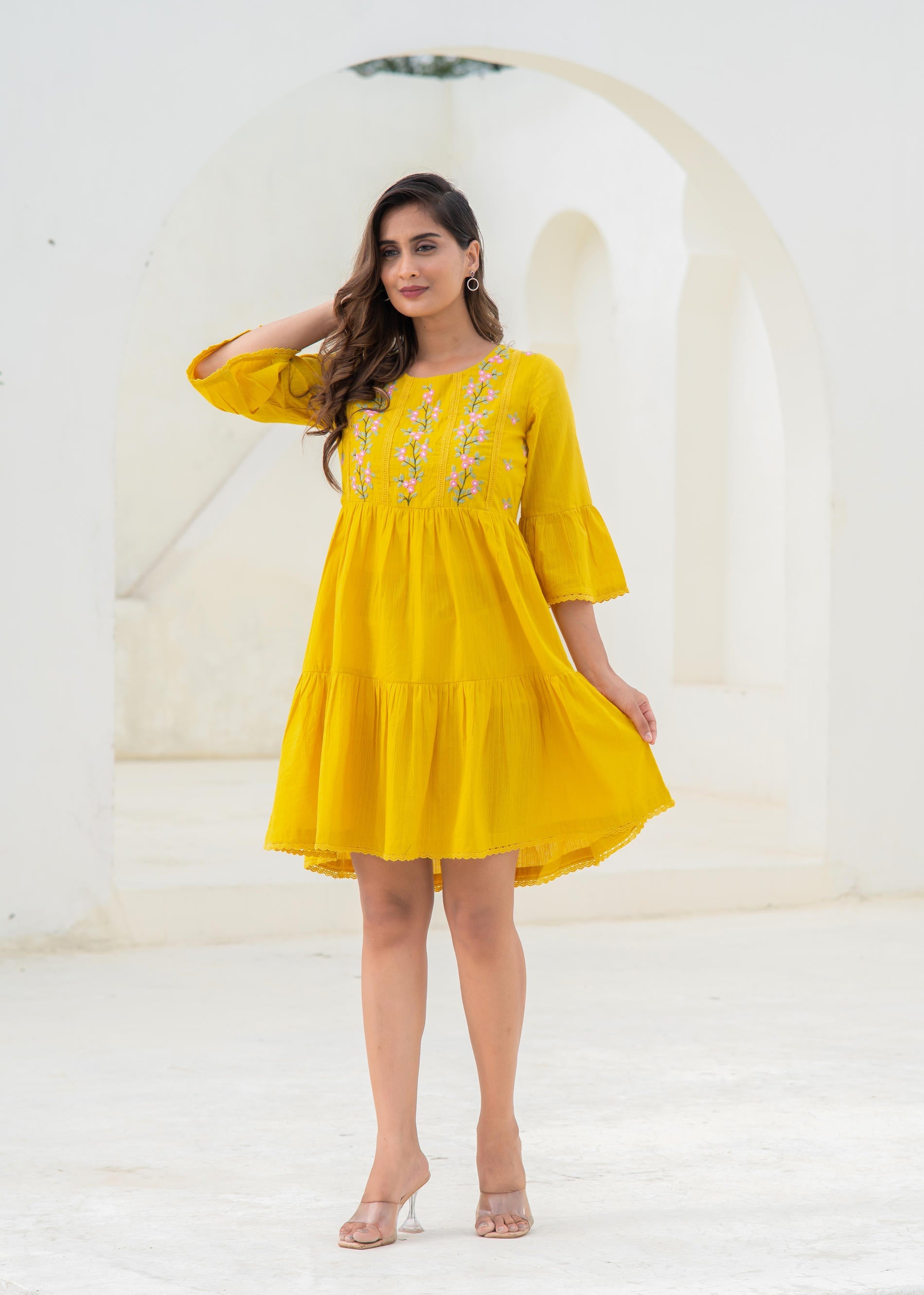 Mustard Embroidered Cotton Tiered Dress – Mirror & Thread Work