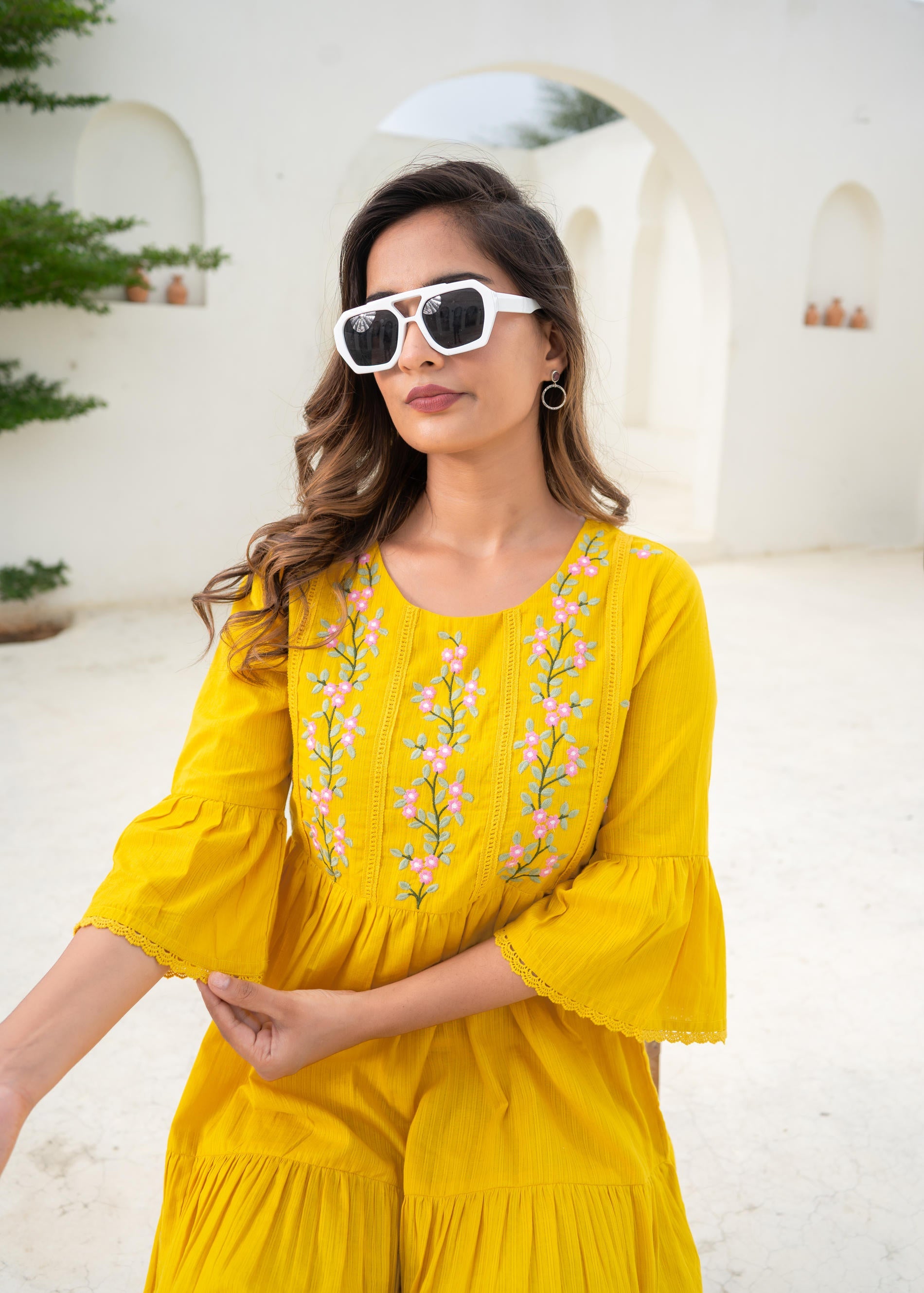 Mustard Embroidered Cotton Tiered Dress – Mirror & Thread Work