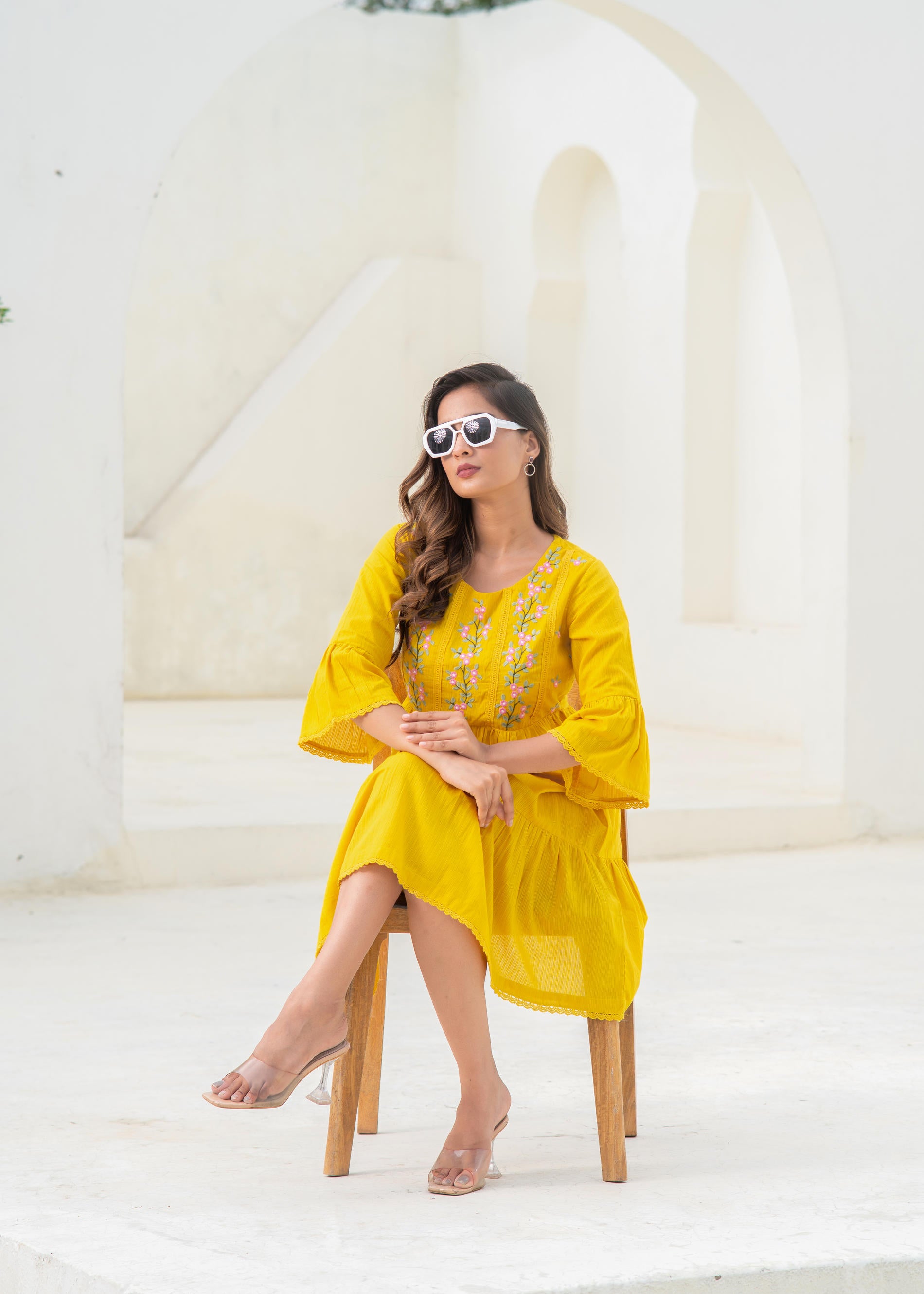 Mustard Embroidered Cotton Tiered Dress – Mirror & Thread Work