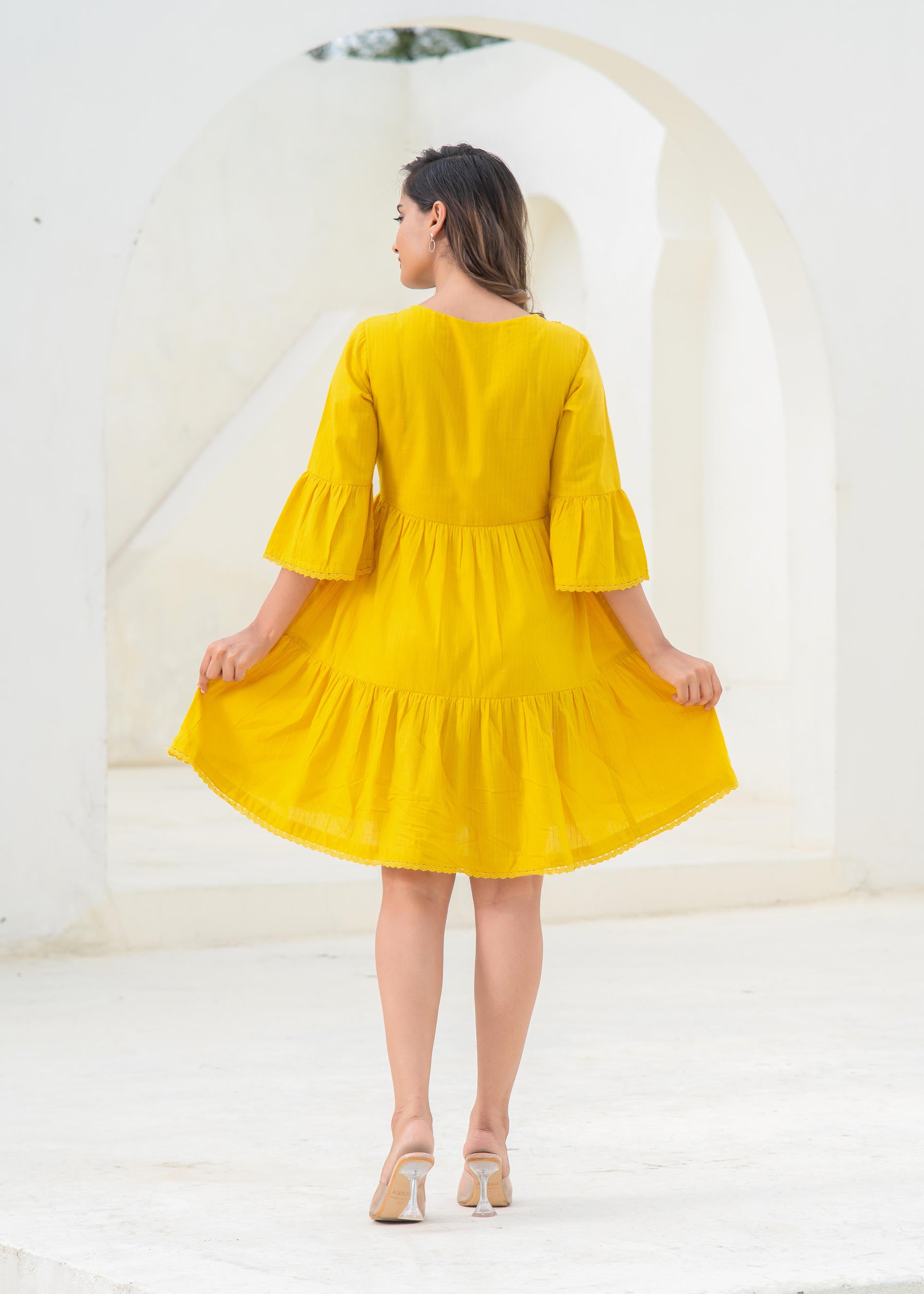 Mustard Embroidered Cotton Tiered Dress – Mirror & Thread Work