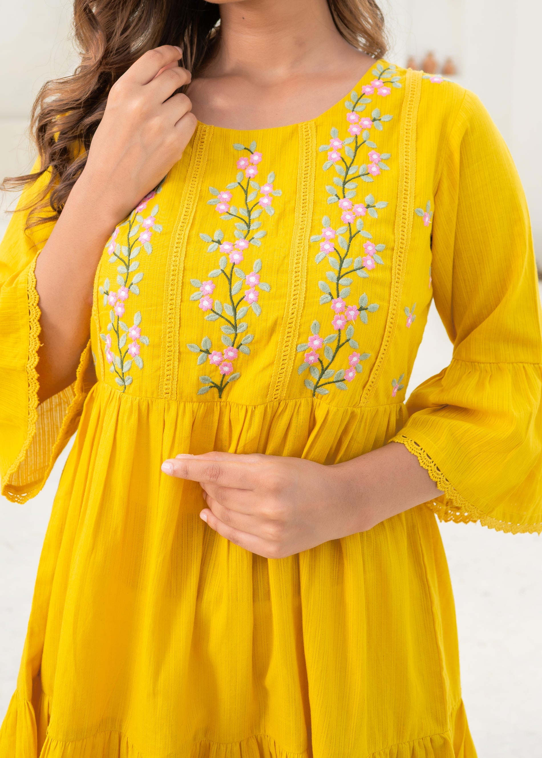 Mustard Embroidered Cotton Tiered Dress – Mirror & Thread Work