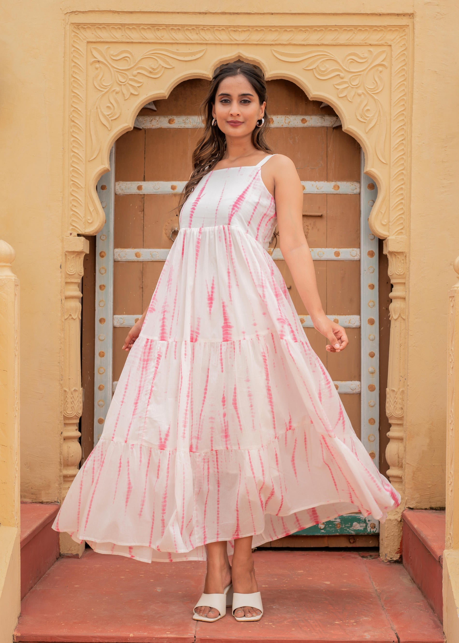 Women's Pink & White Tie-Dye Tiered Cotton Long Dress