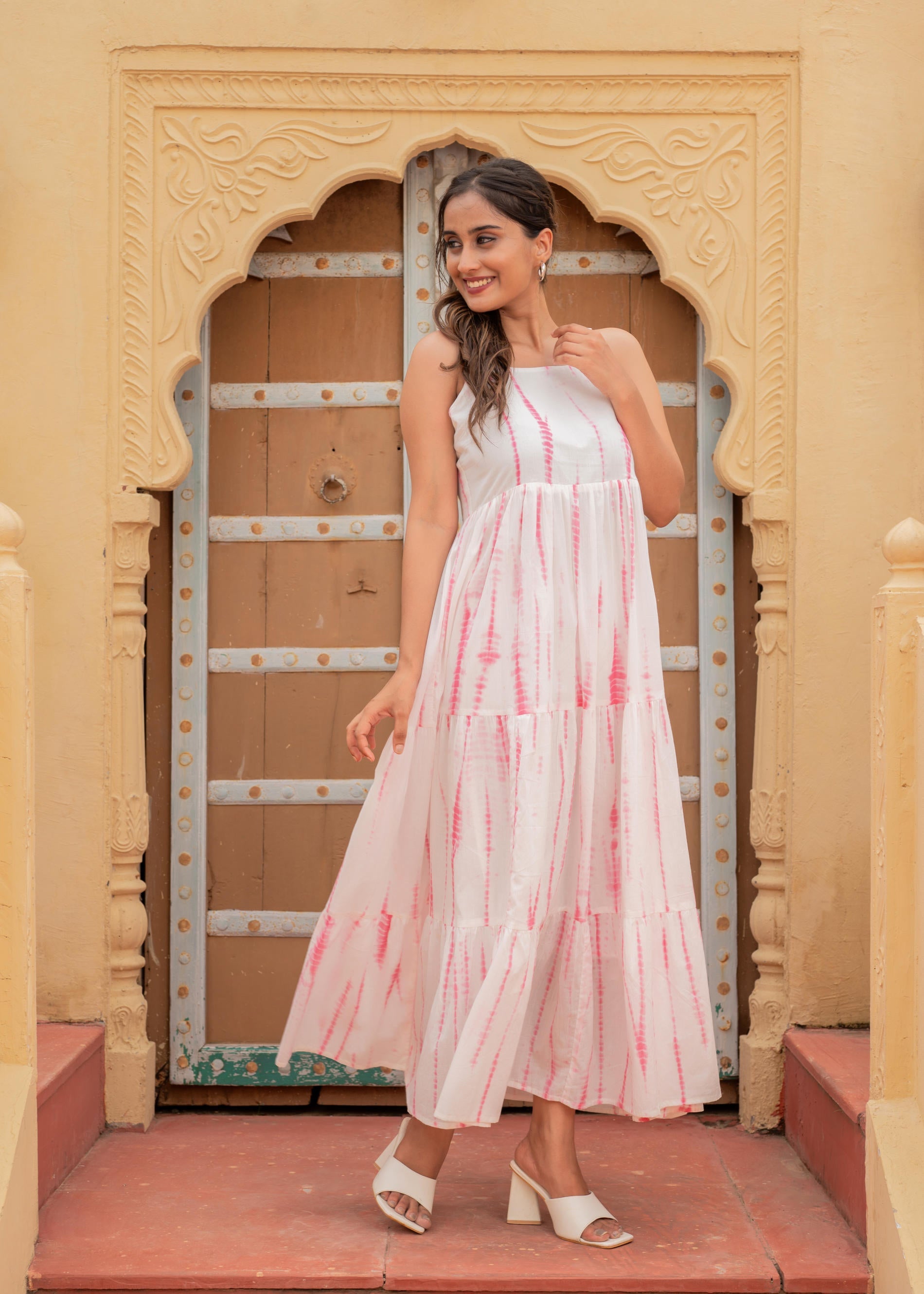 Women's Pink & White Tie-Dye Tiered Cotton Long Dress