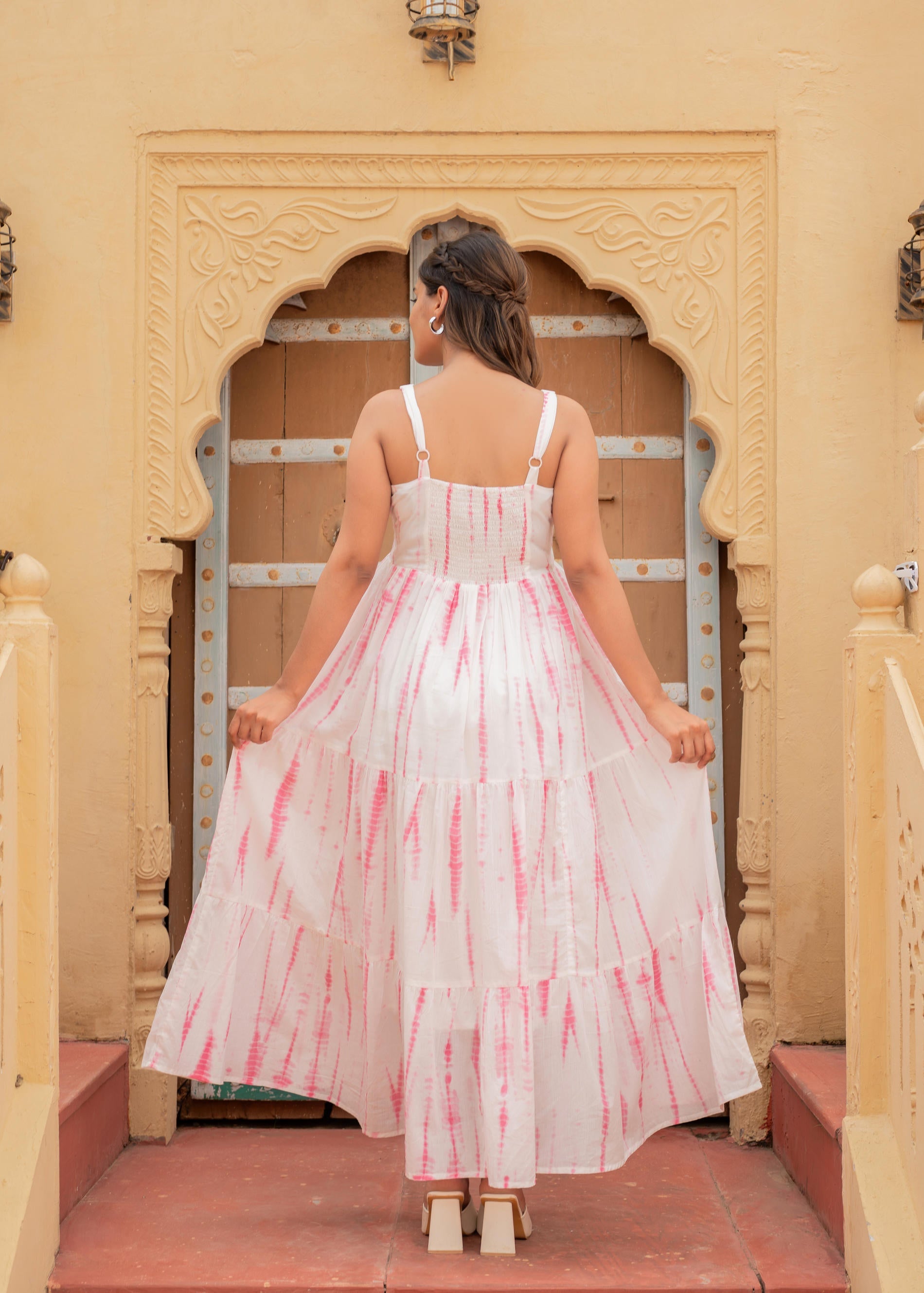 Women's Pink & White Tie-Dye Tiered Cotton Long Dress