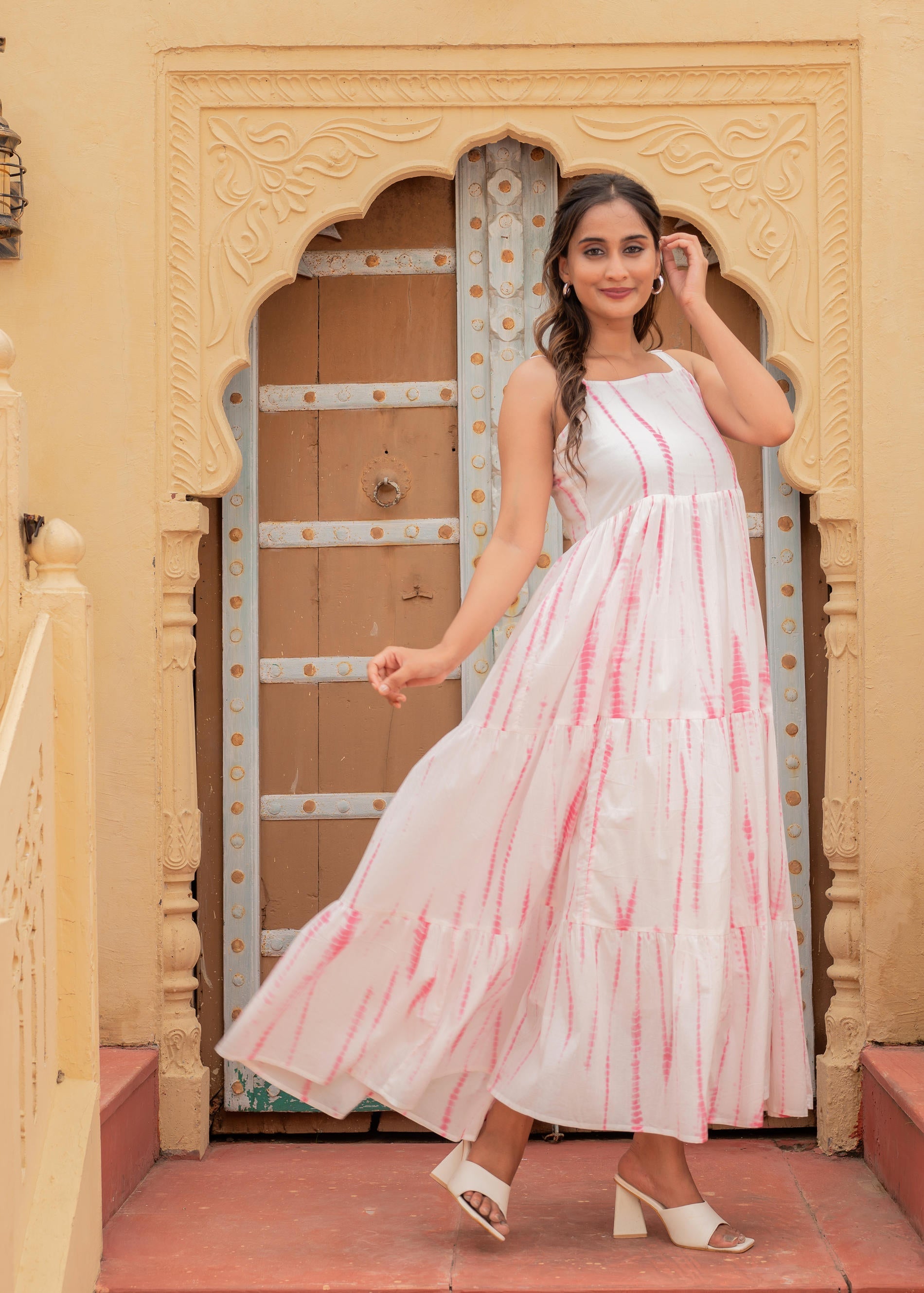 Women's Pink & White Tie-Dye Tiered Cotton Long Dress