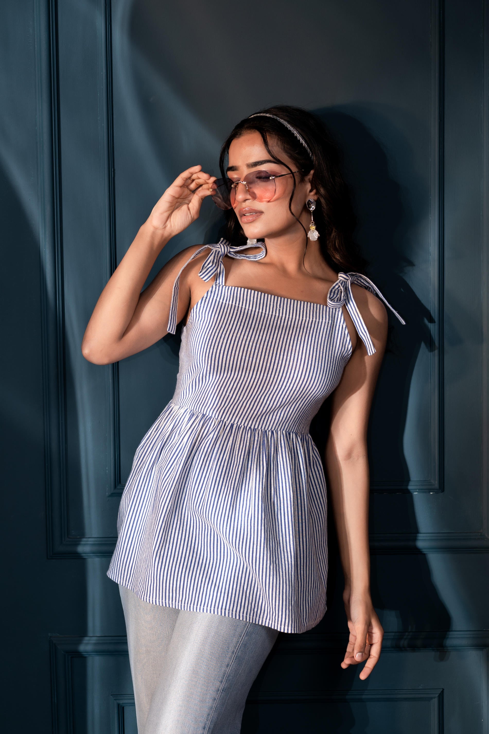 Women's Blue & White Striped Flared Cotton Top