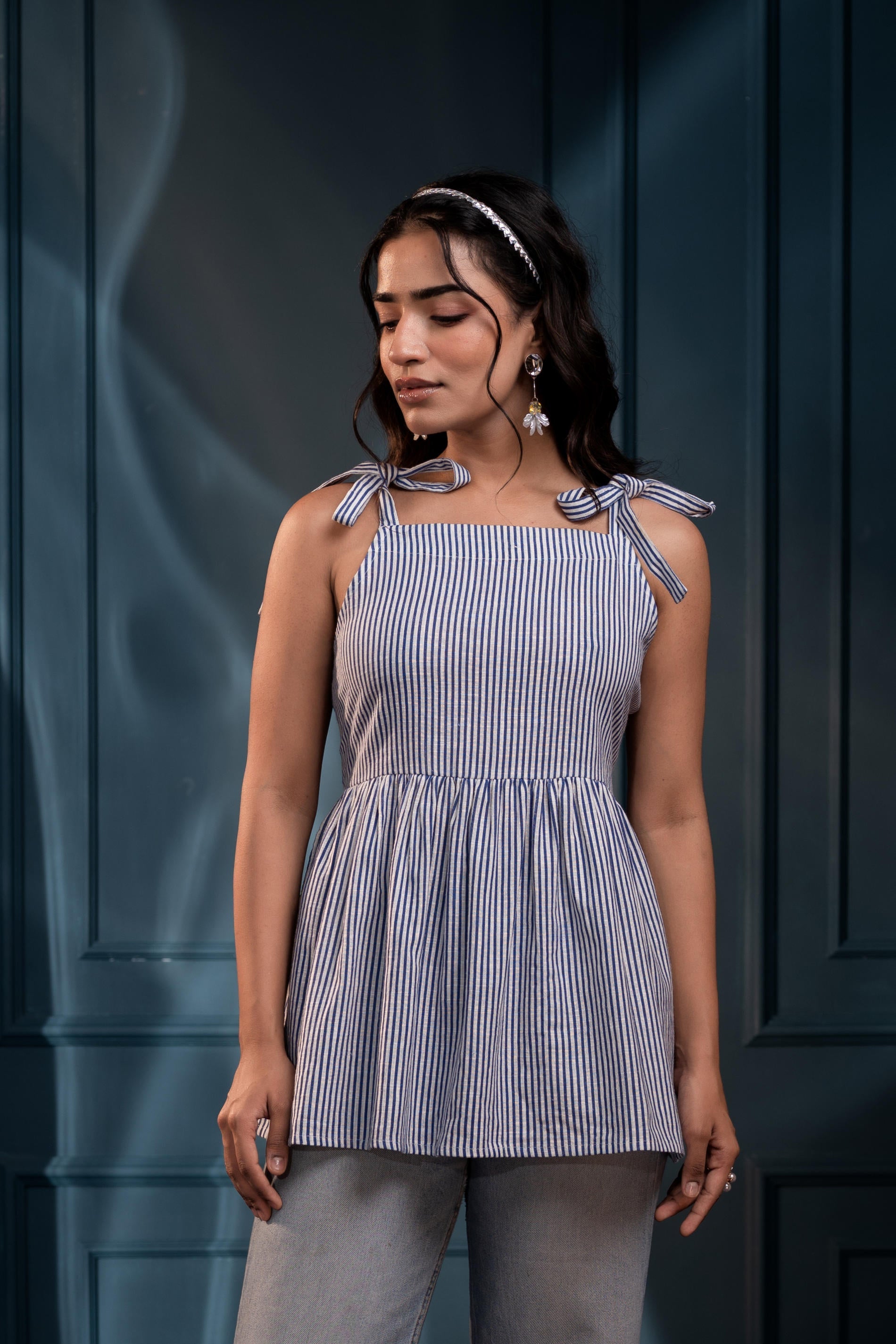 Women's Blue & White Striped Flared Cotton Top