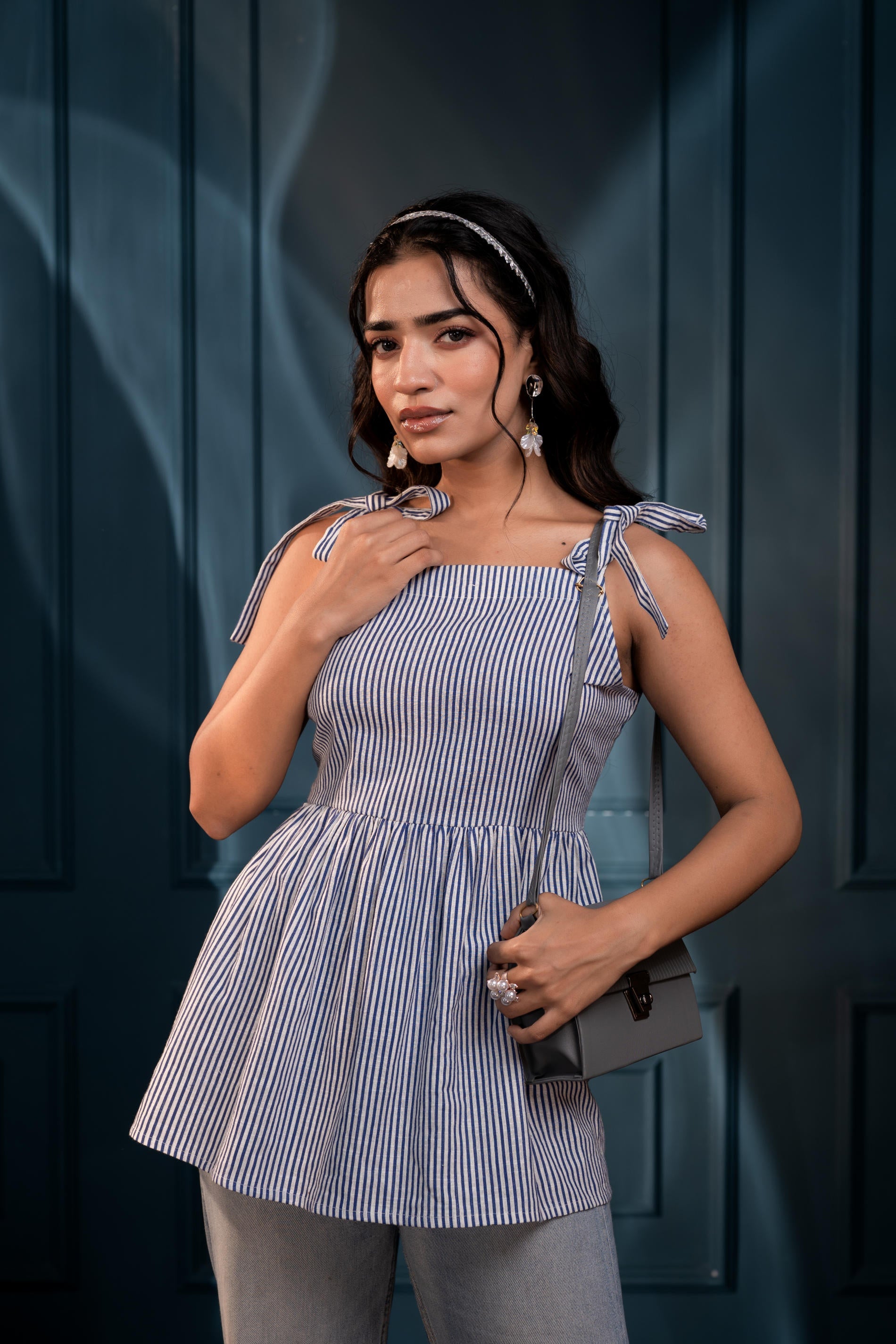 Women's Blue & White Striped Flared Cotton Top