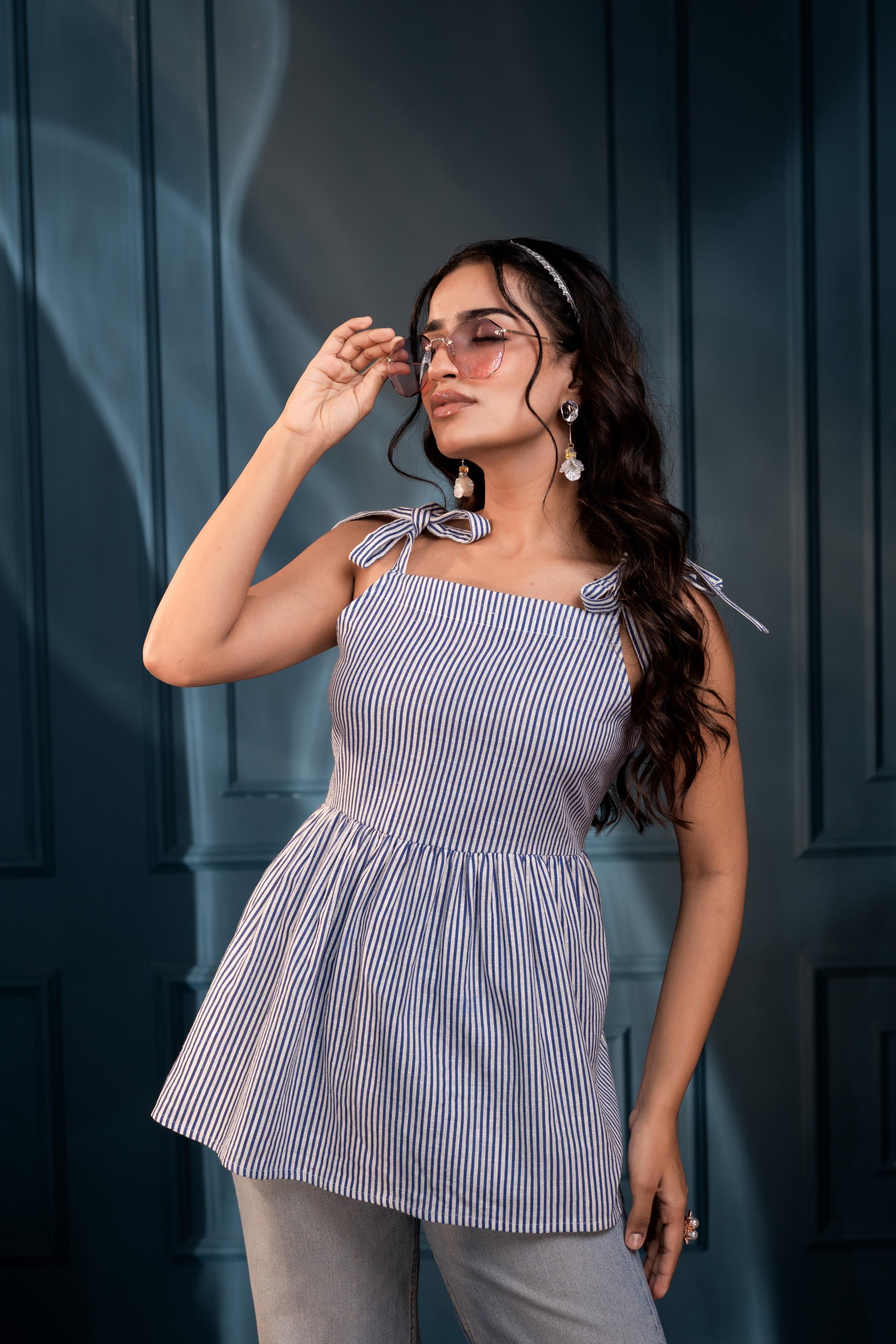 Women's Blue & White Striped Flared Cotton Top