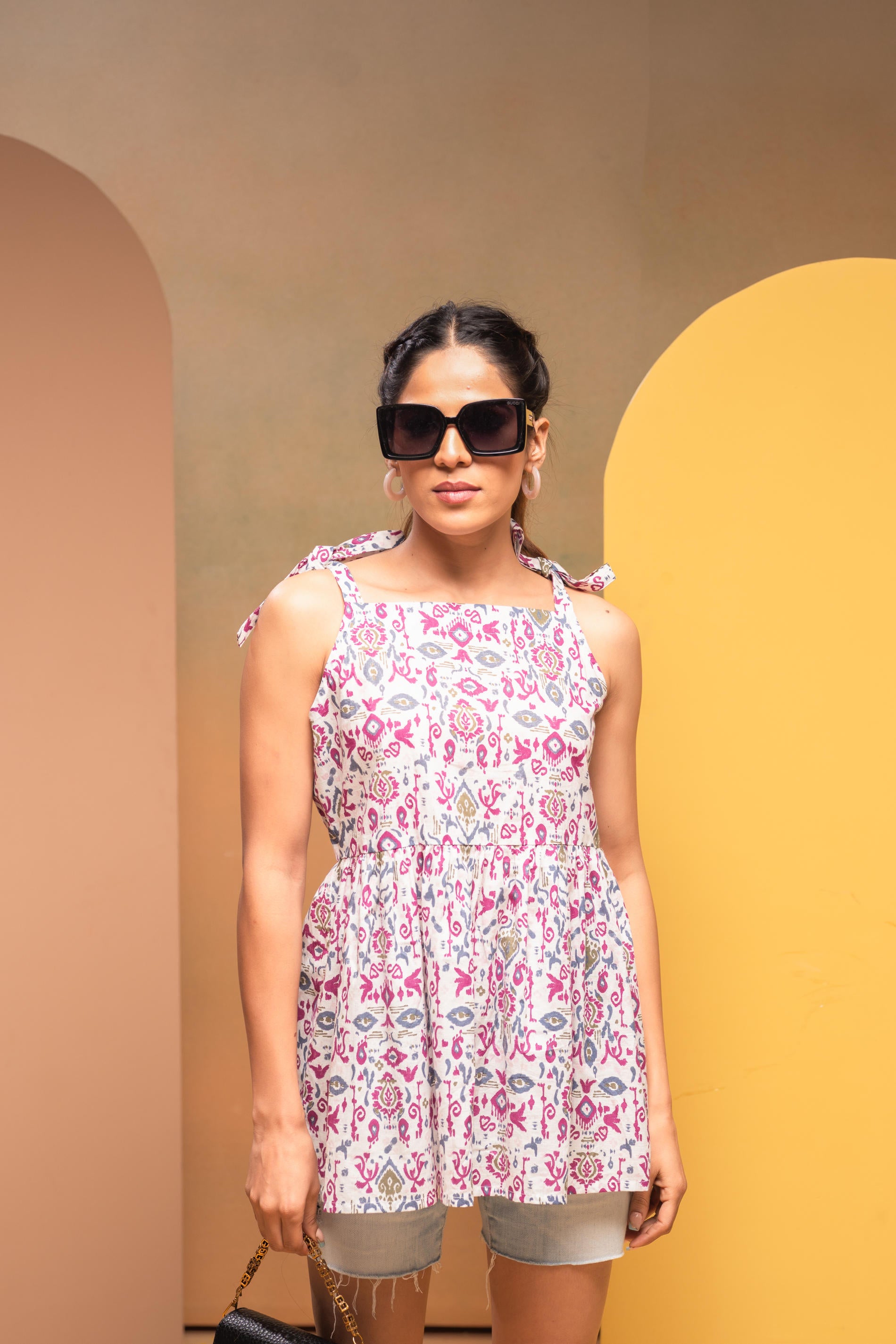 Women's Onion Pink Striped Cotton Top with Thread Work