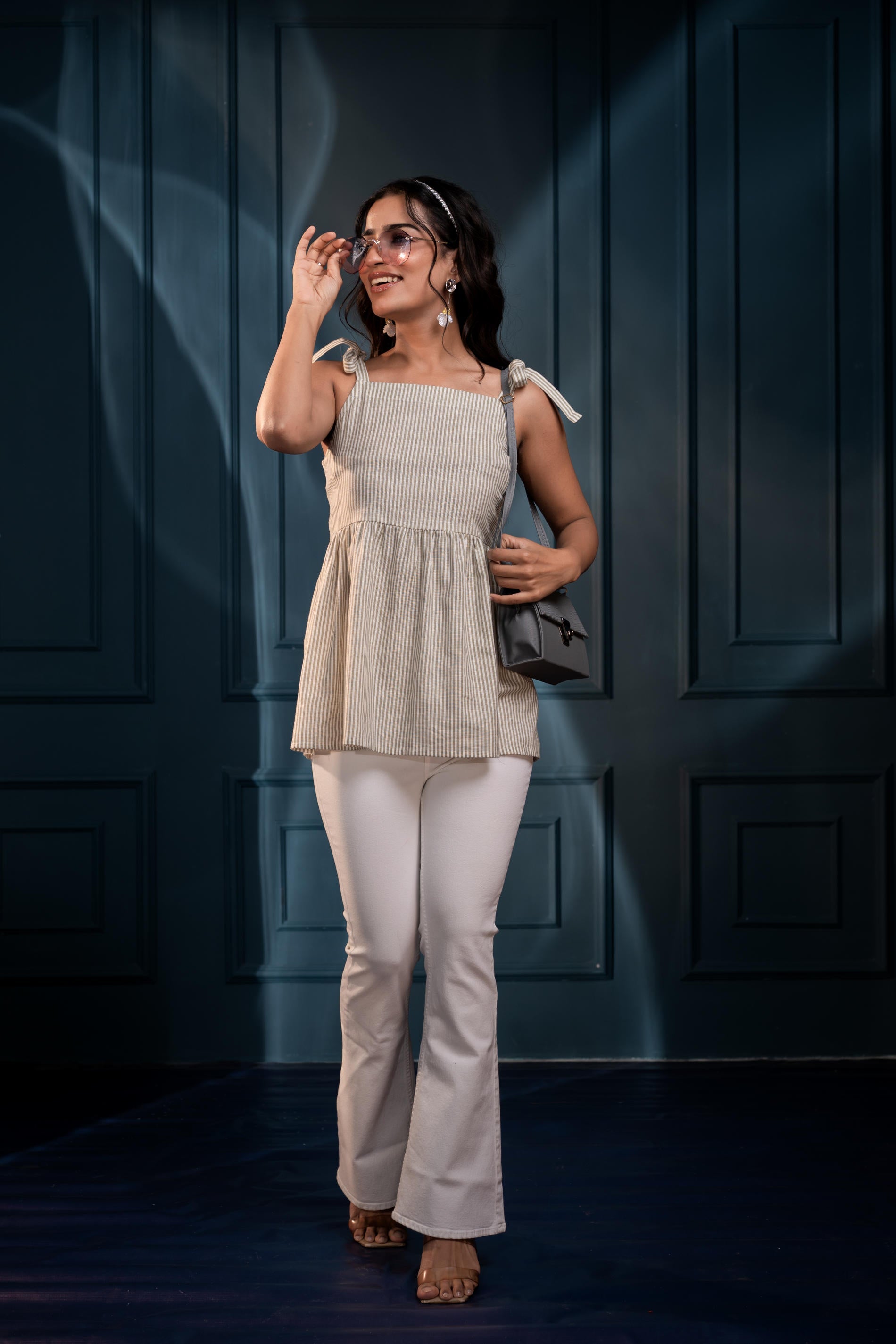 Women's Sage Green Striped Flared Cotton Top