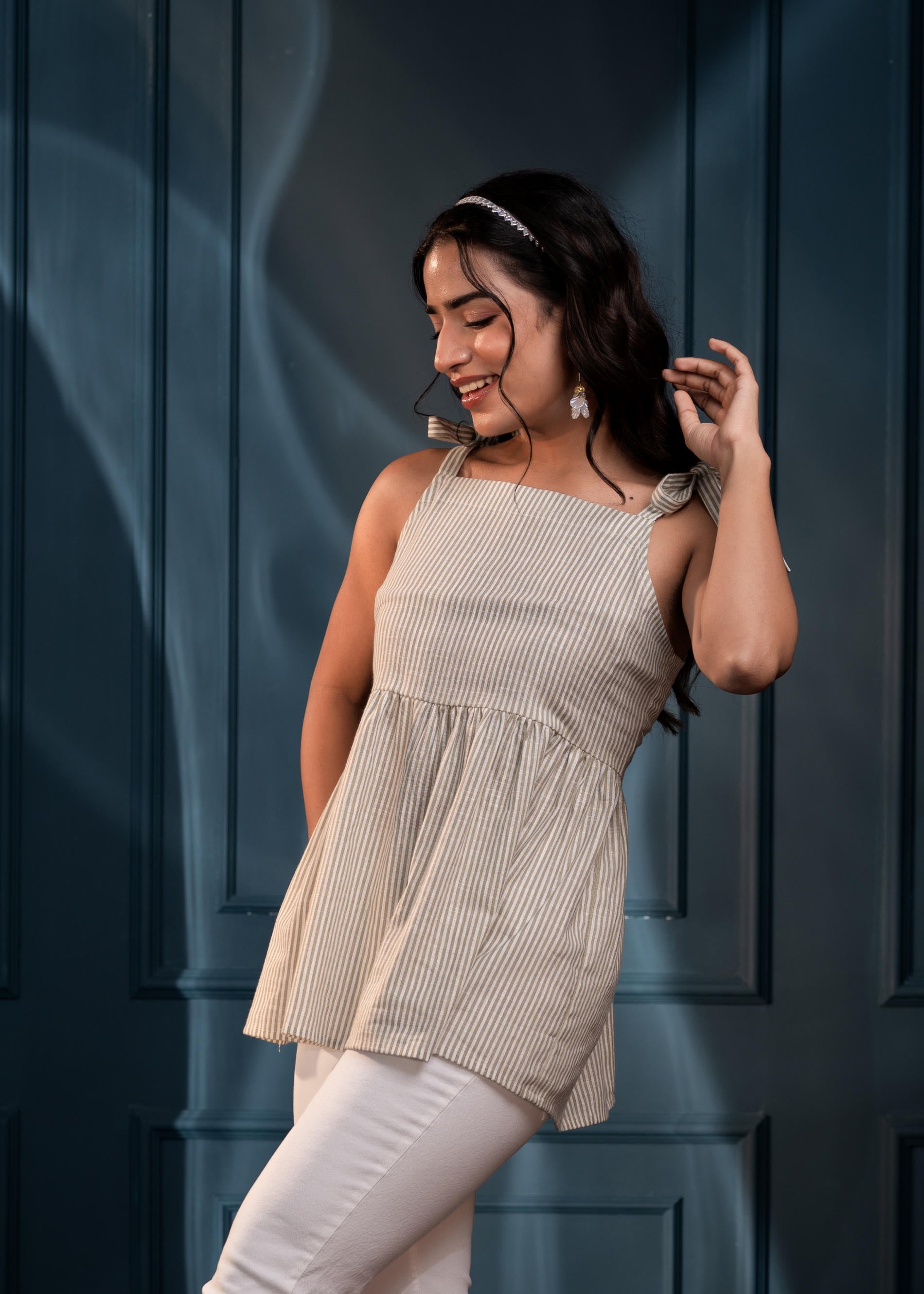 Women's Sage Green Striped Flared Cotton Top