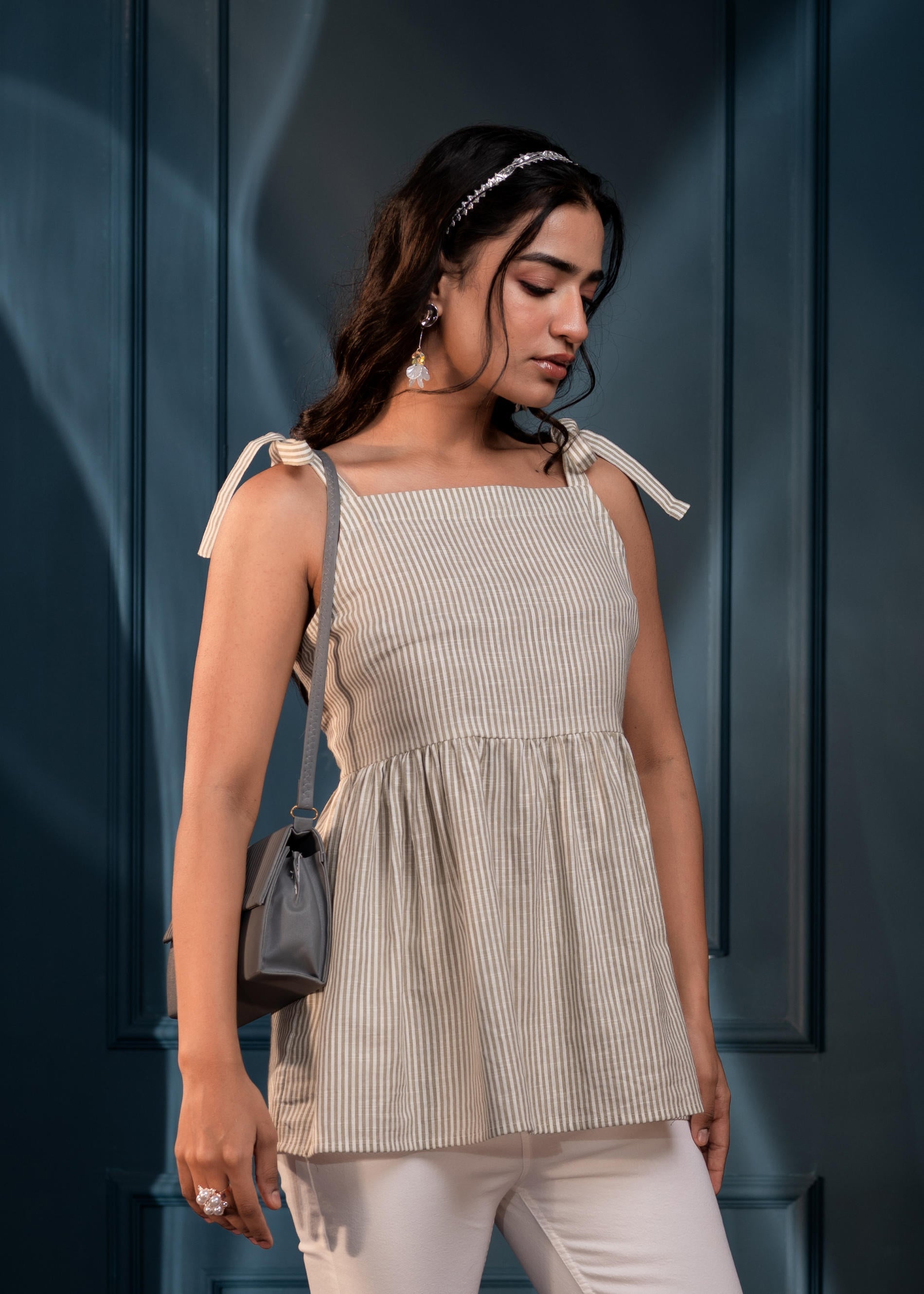 Women's Sage Green Striped Flared Cotton Top