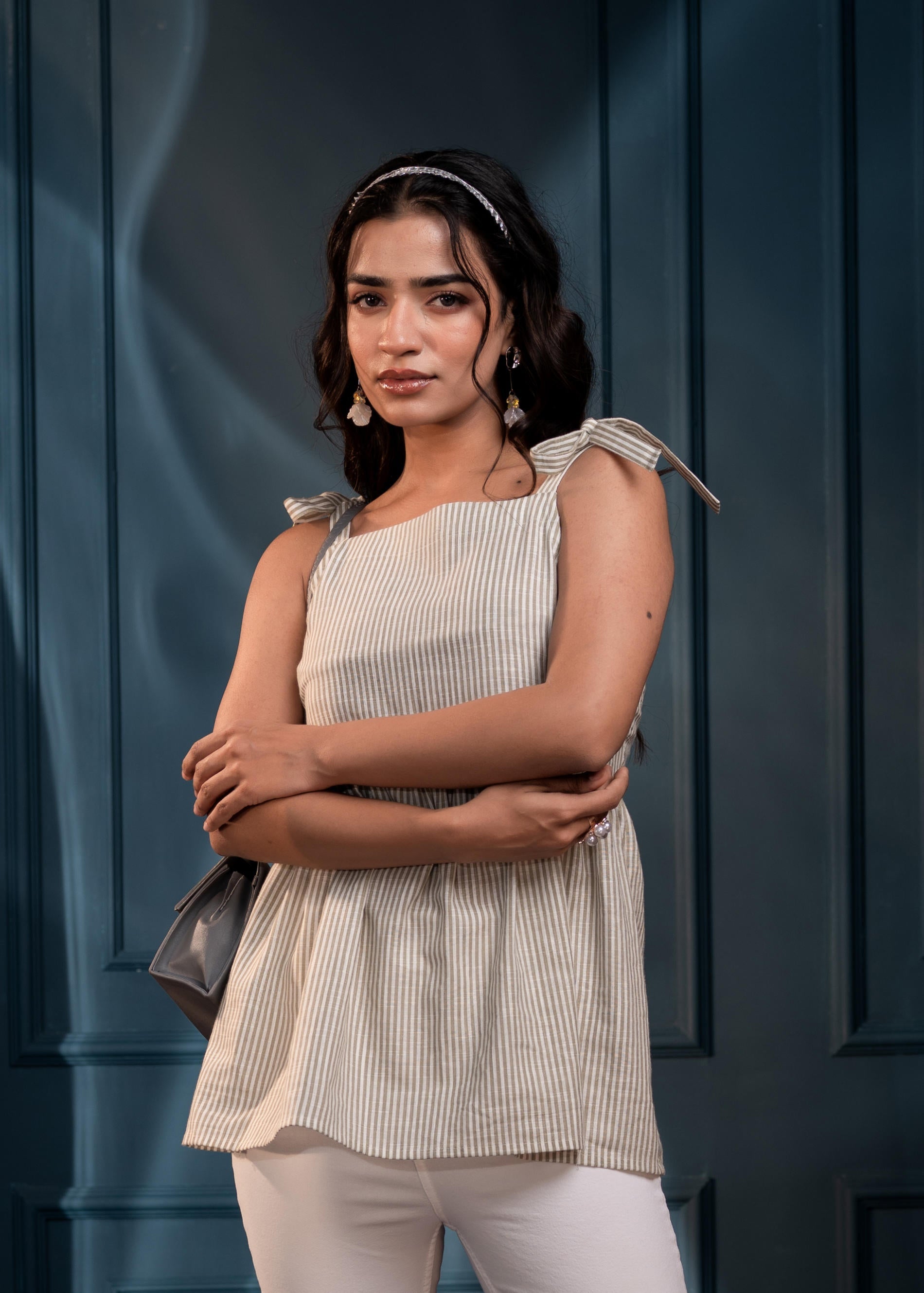 Women's Sage Green Striped Flared Cotton Top