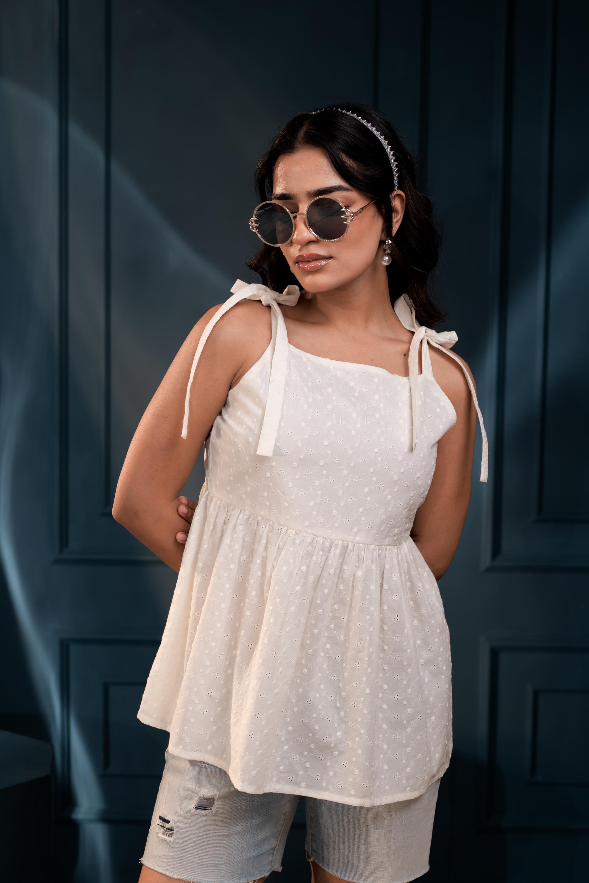 Women's Off-White Embroidered Cotton Schiffli Top