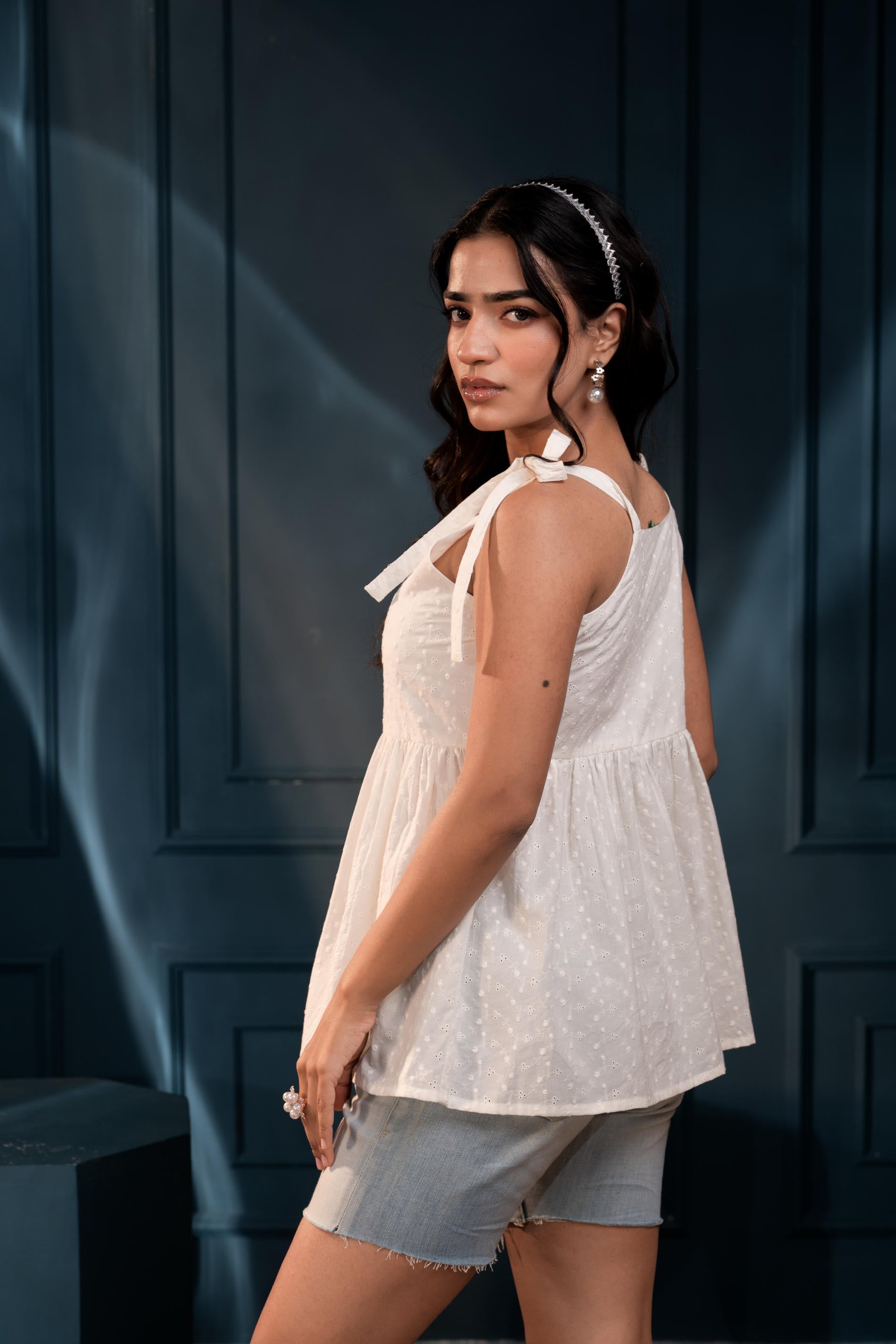 Women's Off-White Embroidered Cotton Schiffli Top