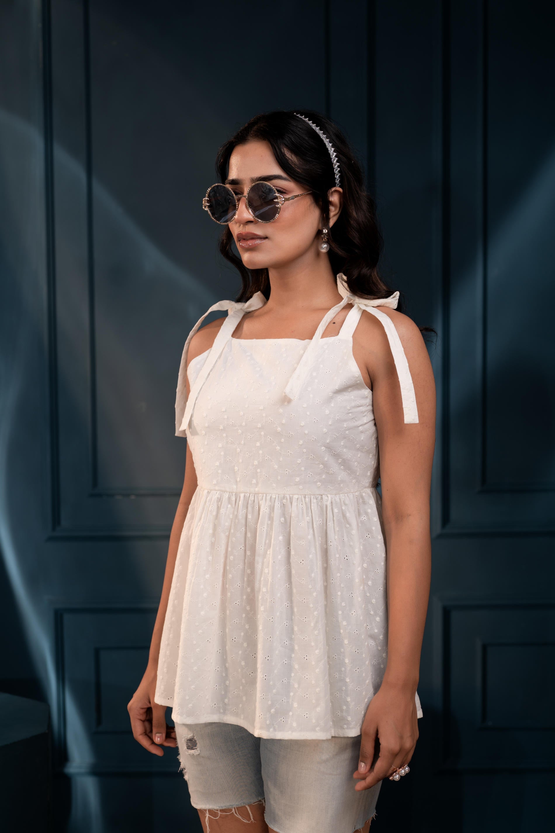 Women's Off-White Embroidered Cotton Schiffli Top