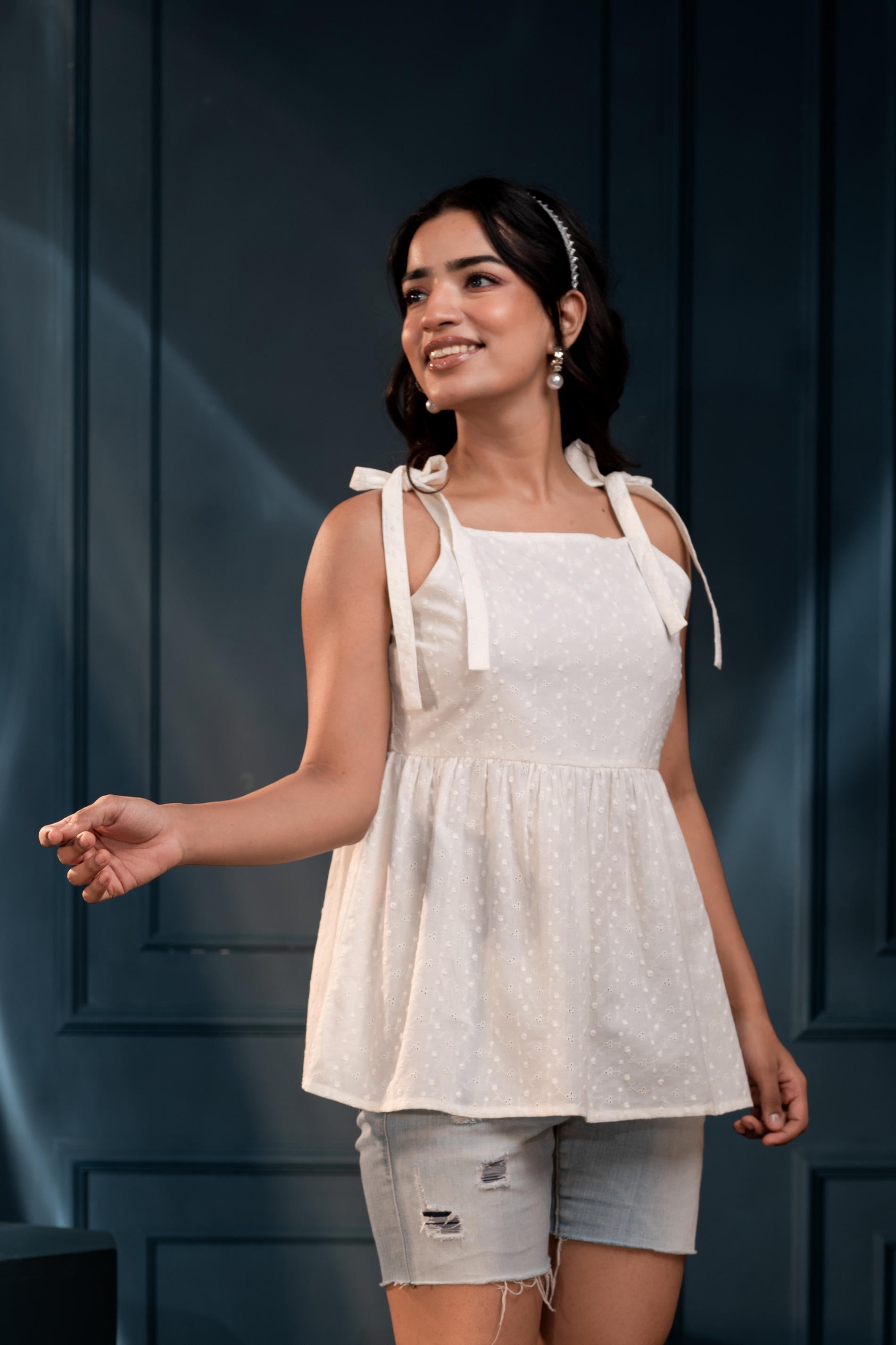 Women's Off-White Embroidered Cotton Schiffli Top