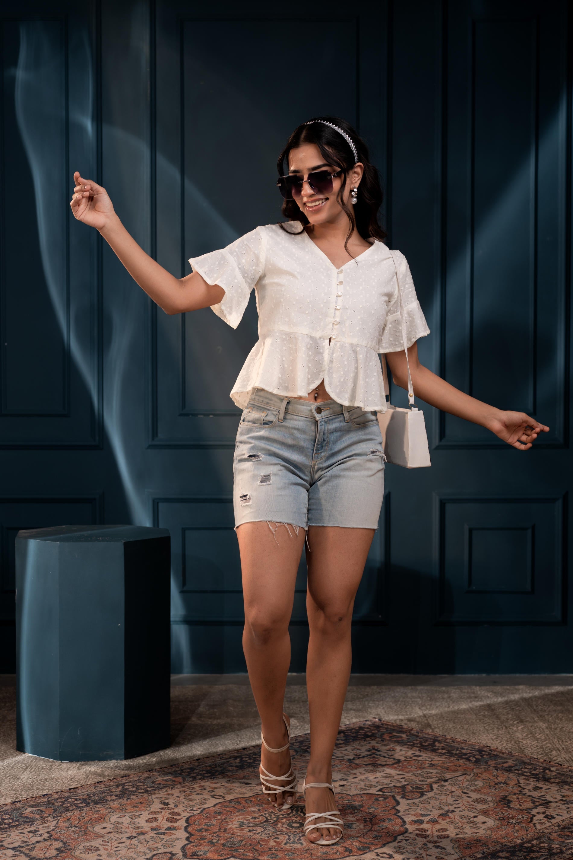 Women's Off-White Embroidered Cotton Top with Shiffli and Thread Work