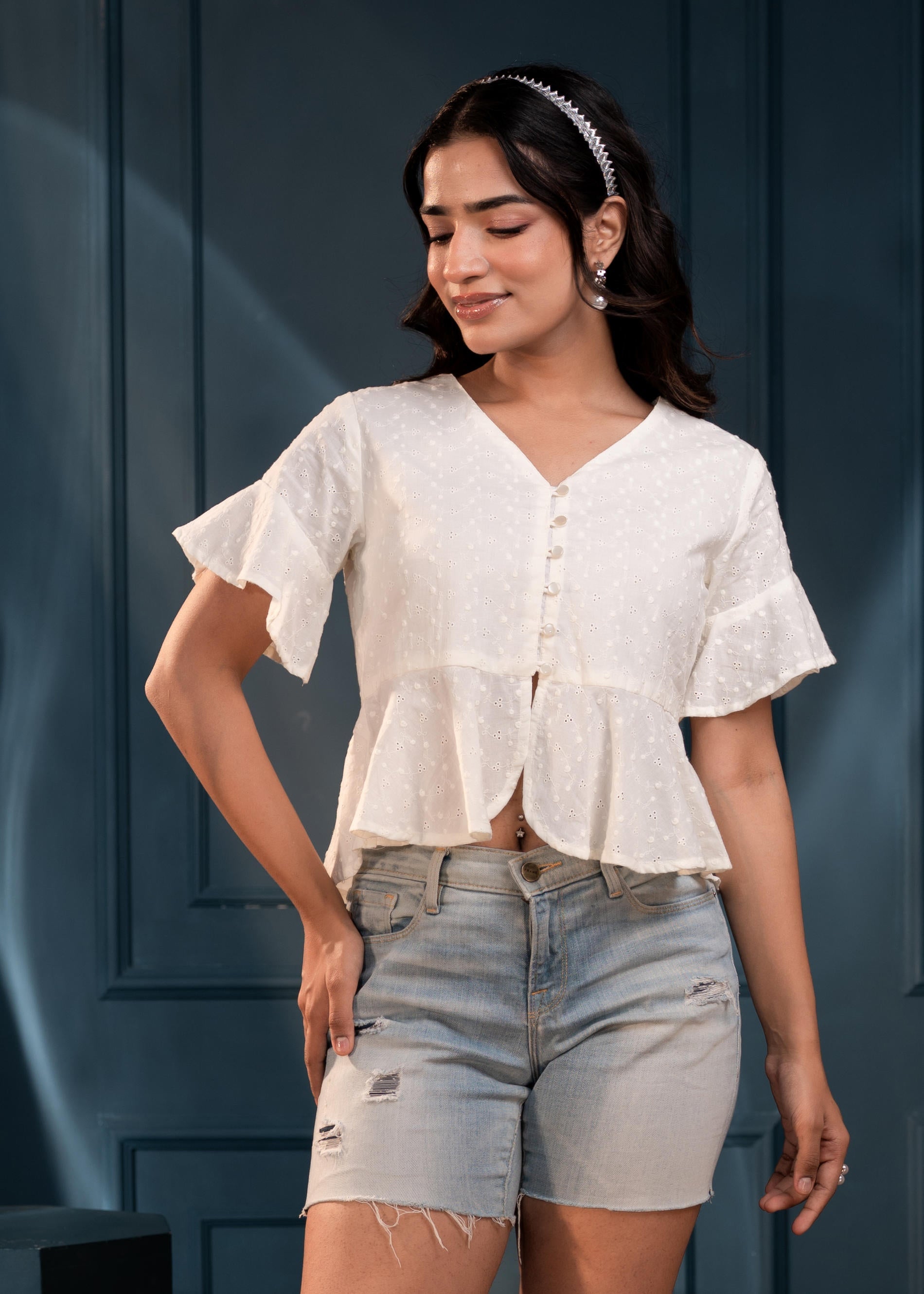 Women's Off-White Embroidered Cotton Top with Shiffli and Thread Work