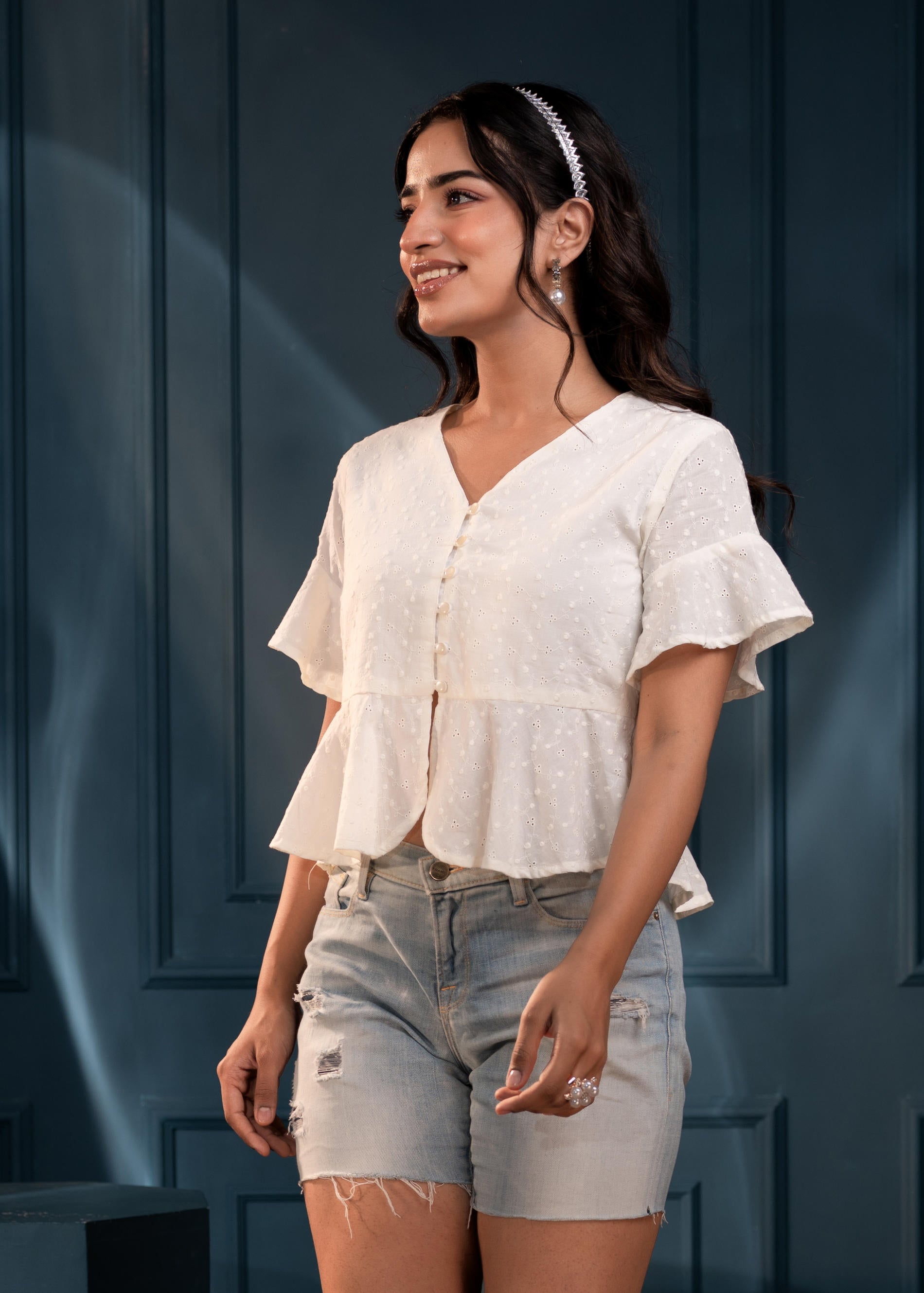 Women's Off-White Embroidered Cotton Top with Shiffli and Thread Work