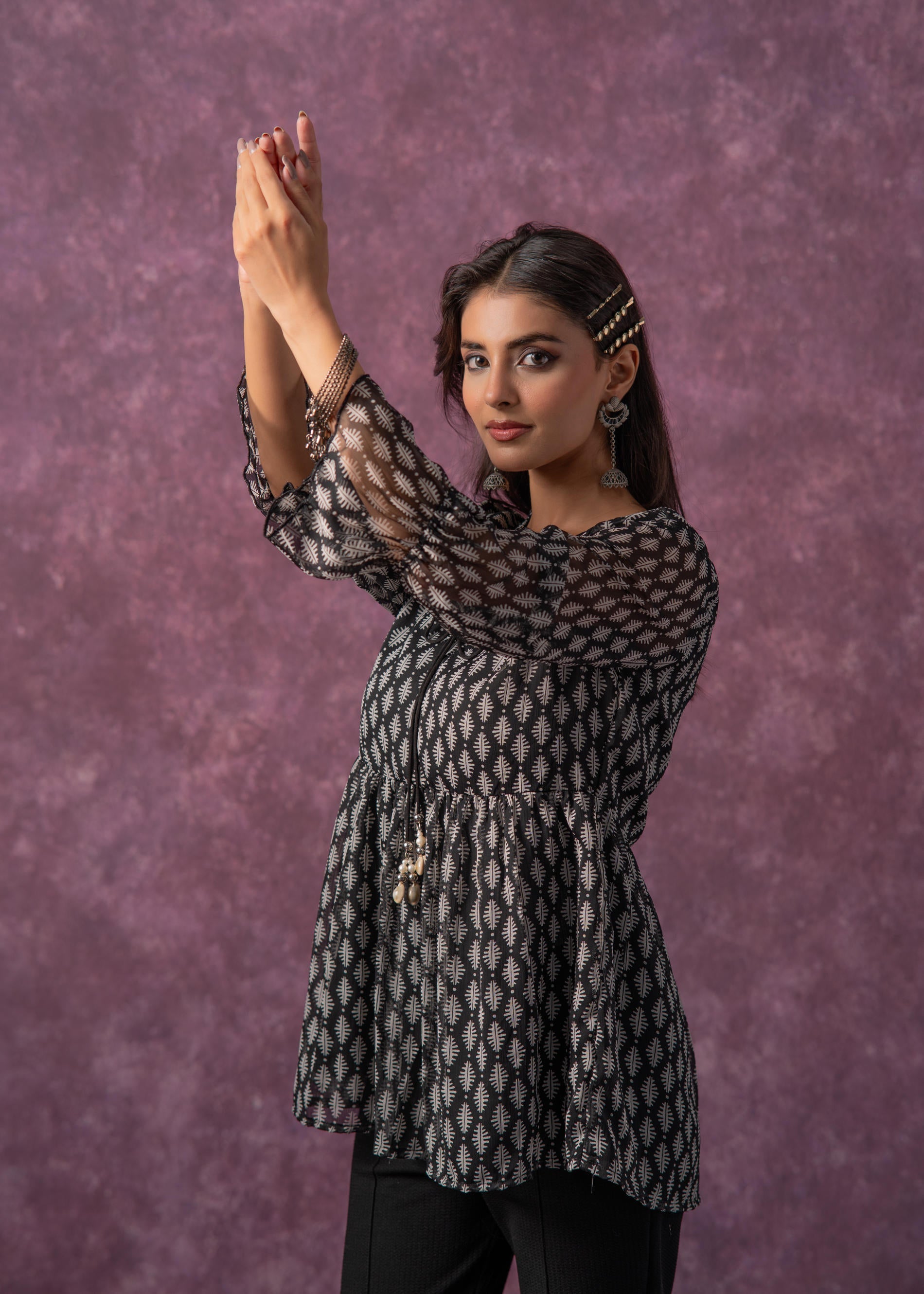 Women's Black & White Ethnic Motifs Tunic with Dori, Kaudi & Munga Details