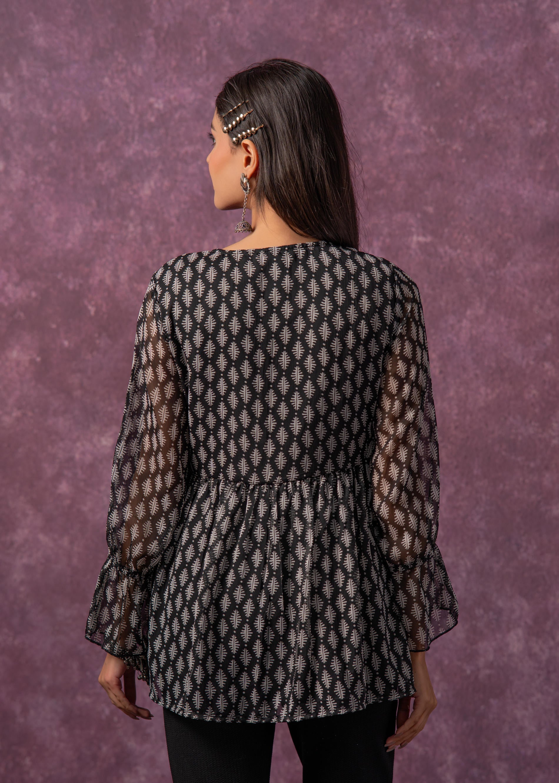 Women's Black & White Ethnic Motifs Tunic with Dori, Kaudi & Munga Details
