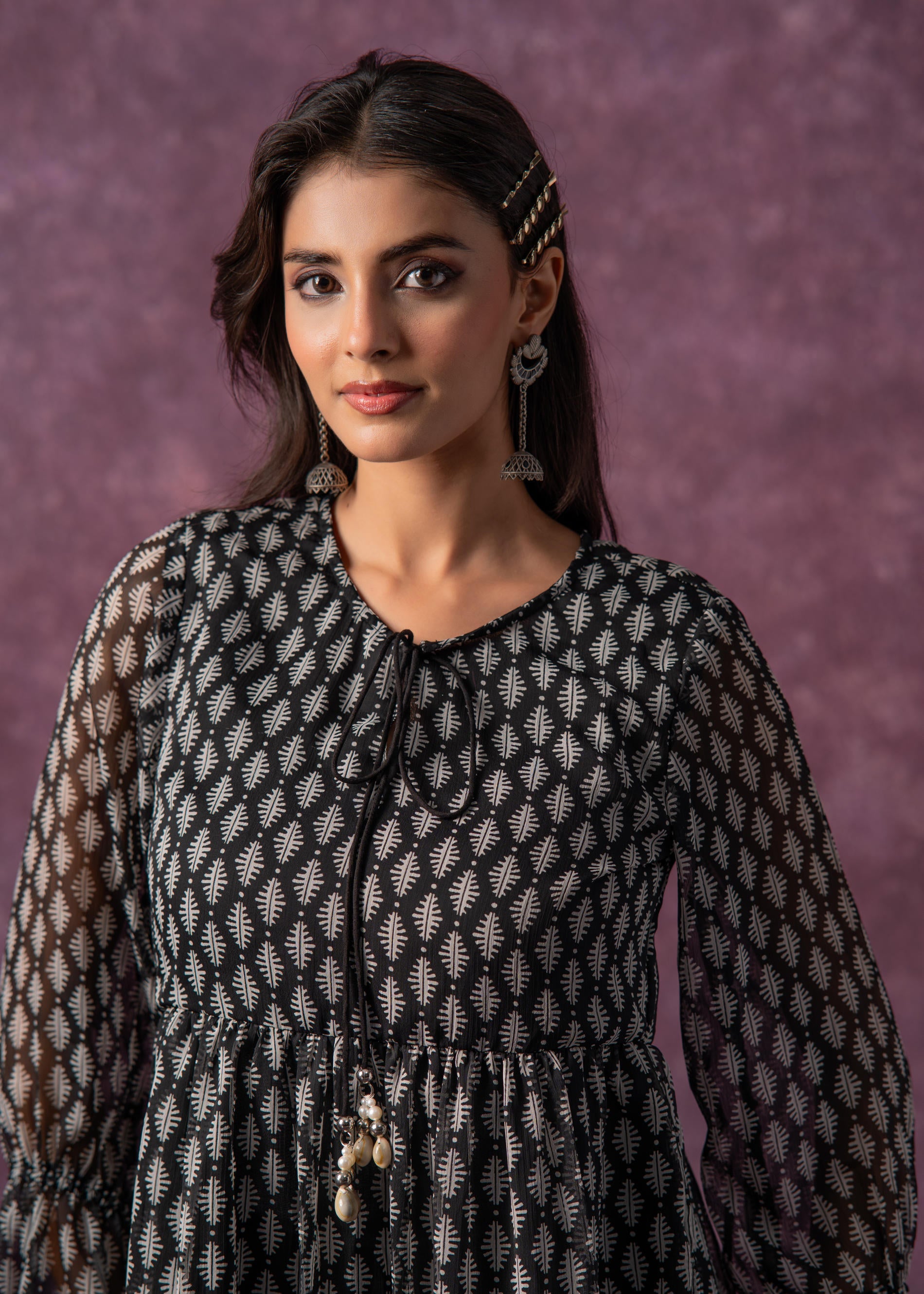 Women's Black & White Ethnic Motifs Tunic with Dori, Kaudi & Munga Details
