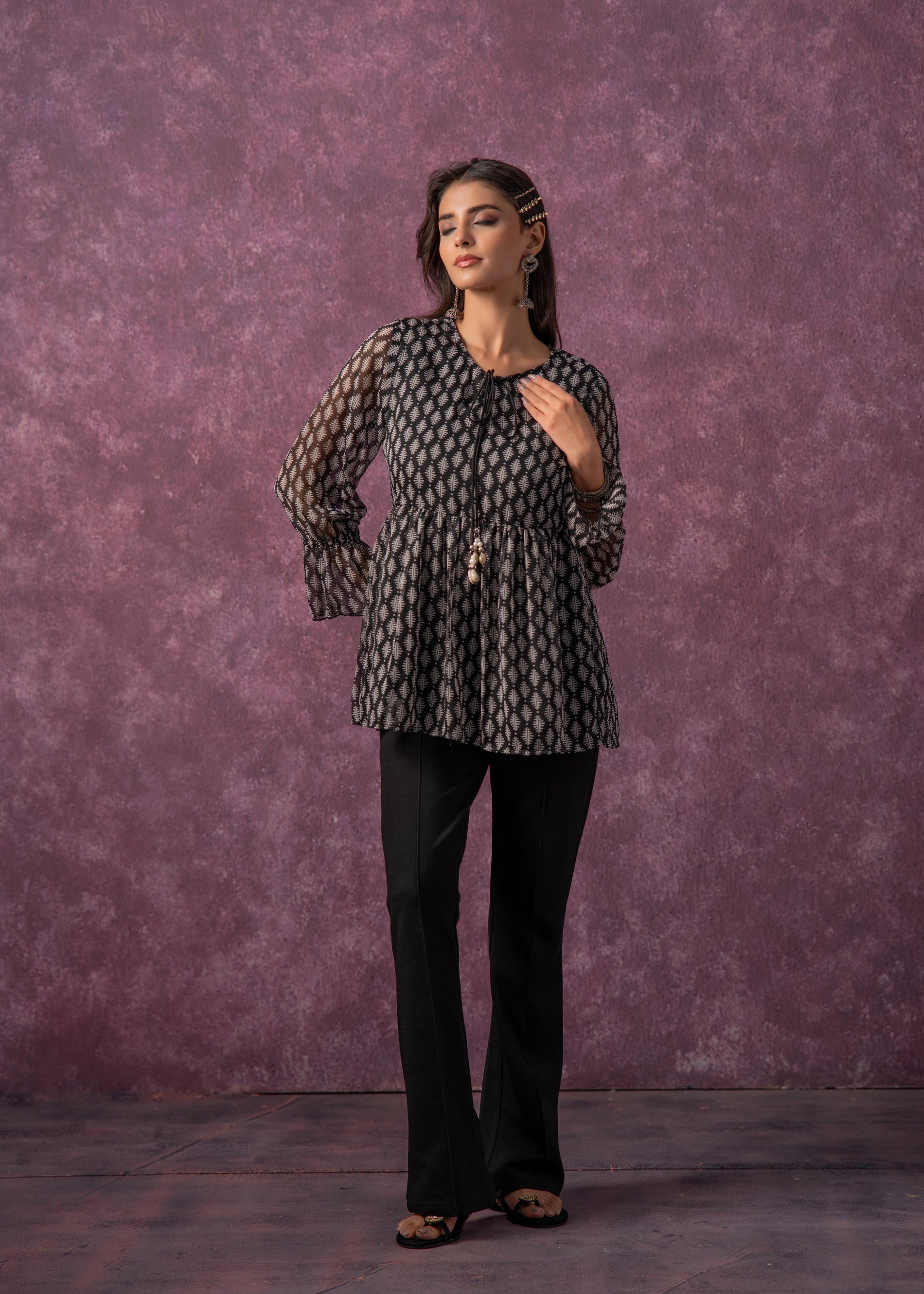 Women's Black & White Ethnic Motifs Tunic with Dori, Kaudi & Munga Details