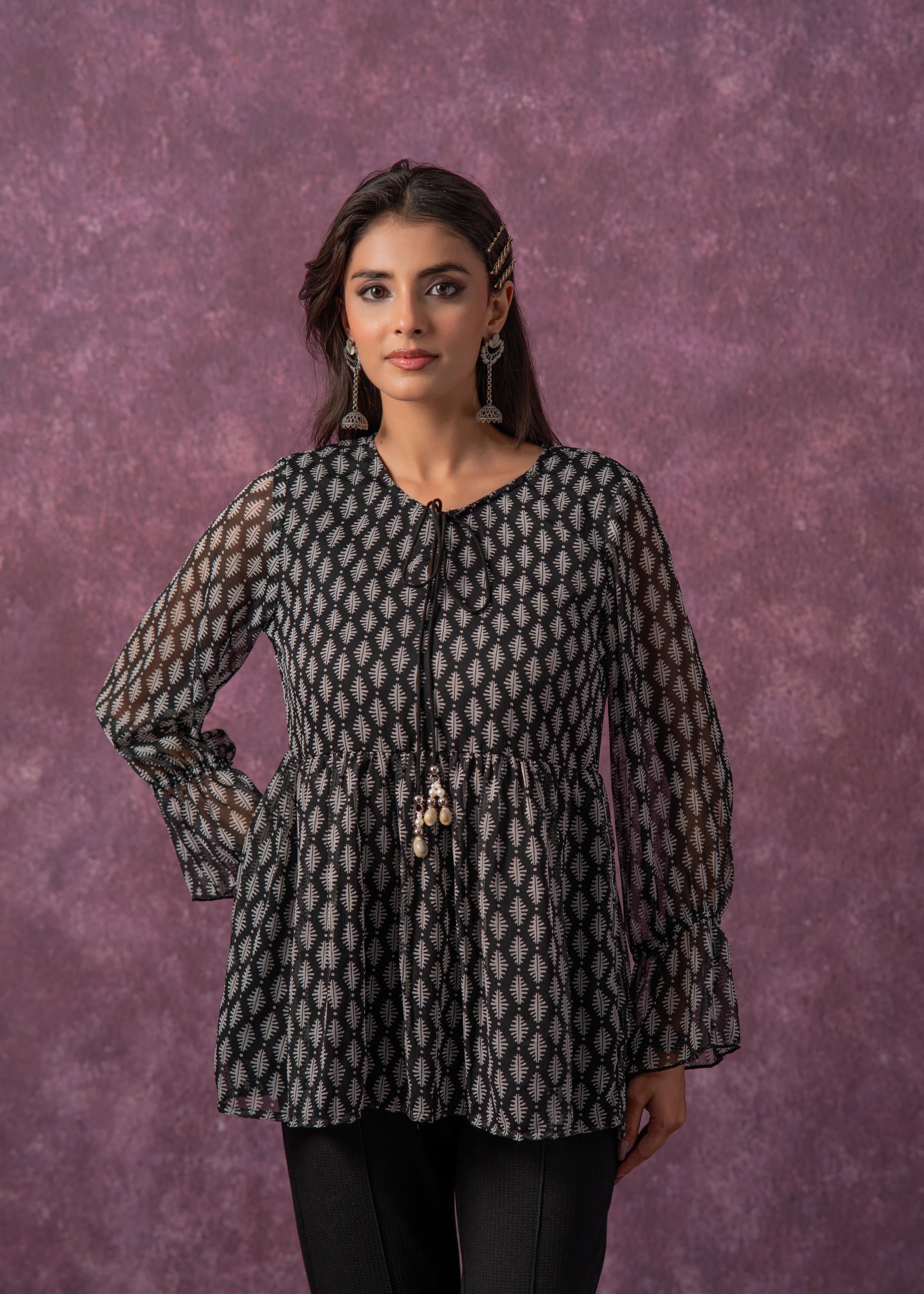 Women's Black & White Ethnic Motifs Tunic with Dori, Kaudi & Munga Details