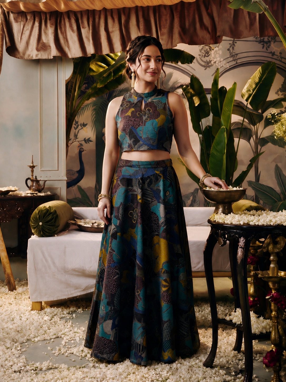 Women's Black Ethnic Motifs Co-ord Set with Turtle Neck Top & FlaBlack Skirt