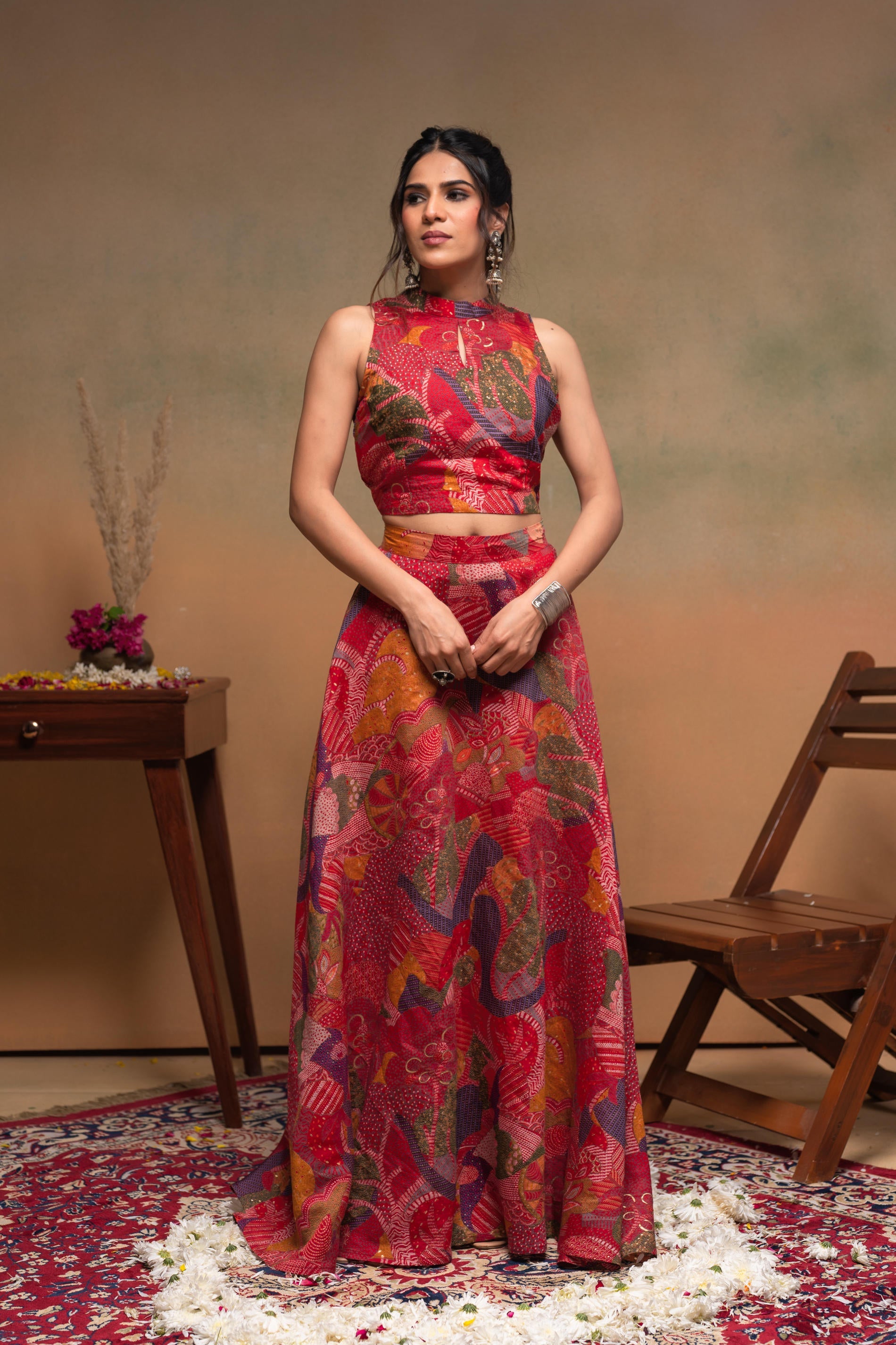 Women's Red Ethnic Motifs Co-ord Set with Turtle Neck Top Flared Ski