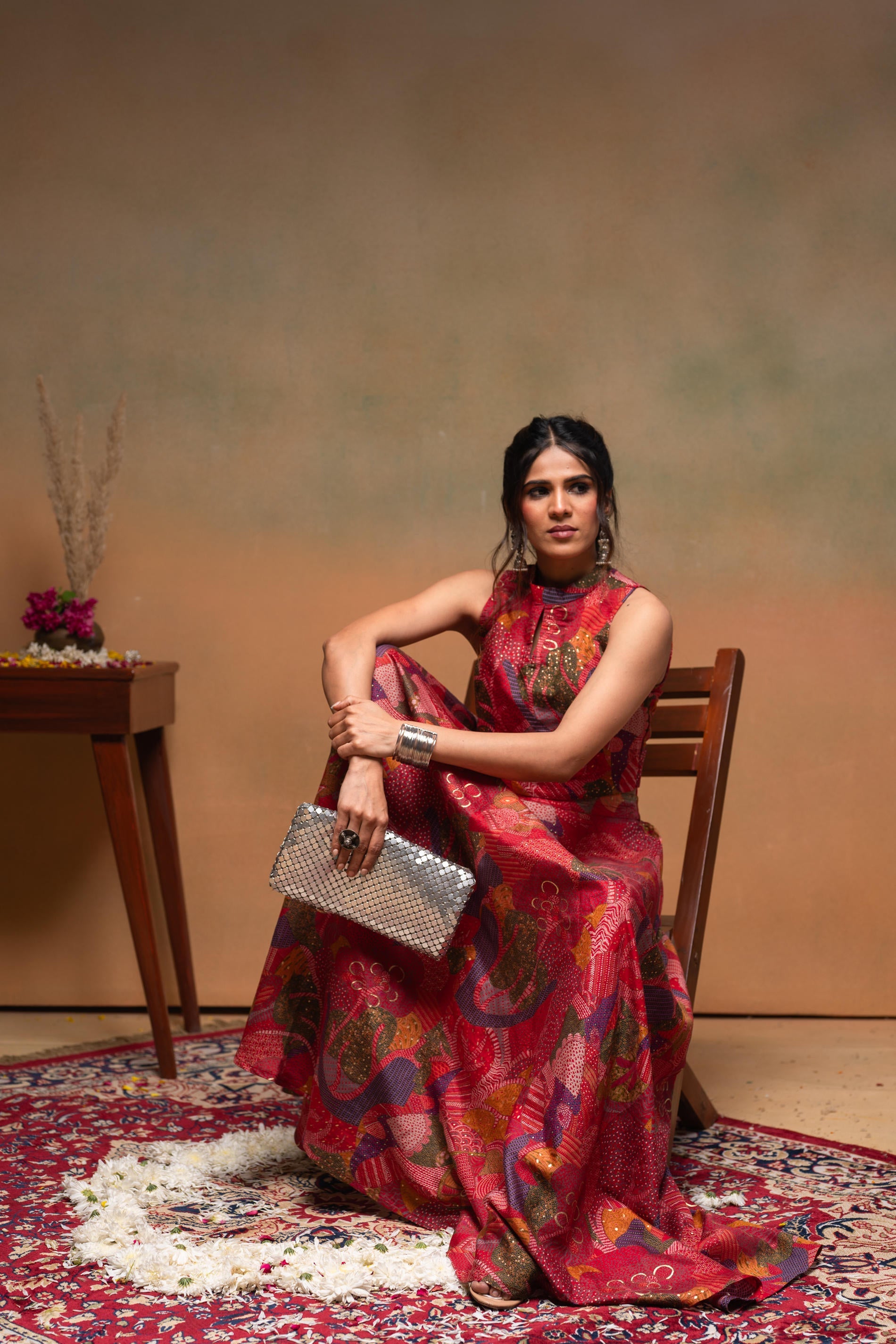 Women's Red Ethnic Motifs Co-ord Set with Turtle Neck Top & Flared Skirt