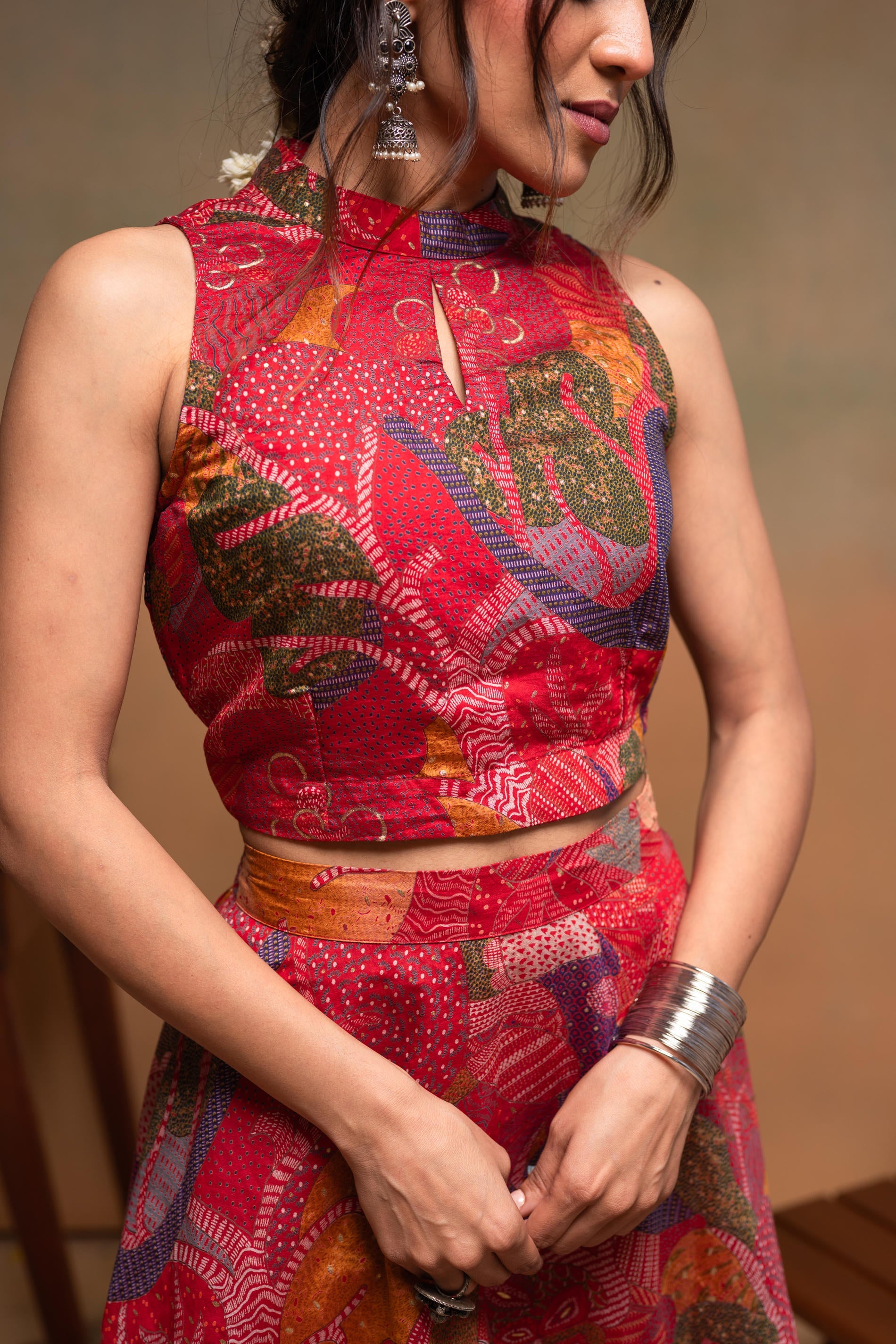 Women's Red Ethnic Motifs Co-ord Set with Turtle Neck Top & Flared Skirt