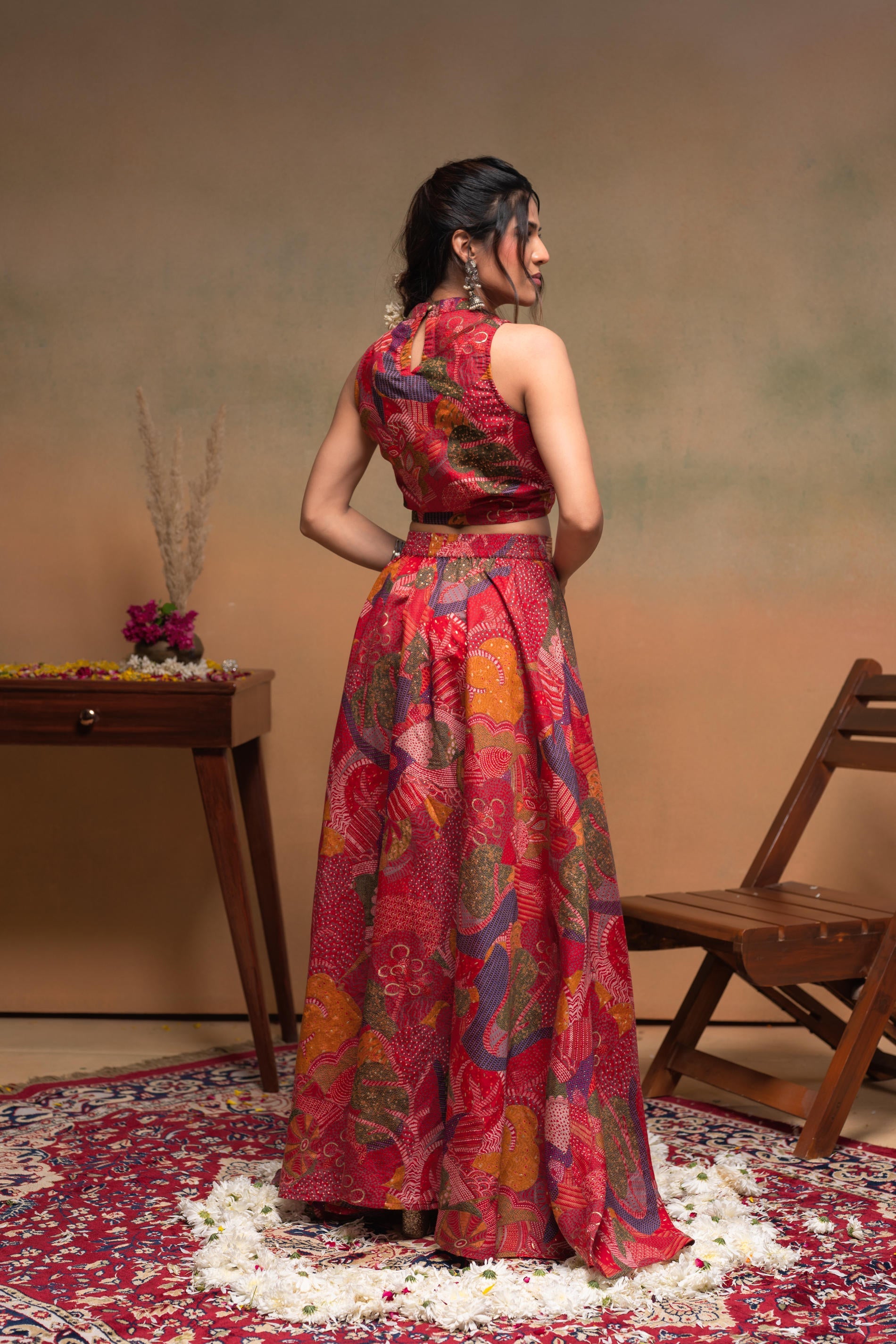 Women's Red Ethnic Motifs Co-ord Set with Turtle Neck Top & Flared Skirt