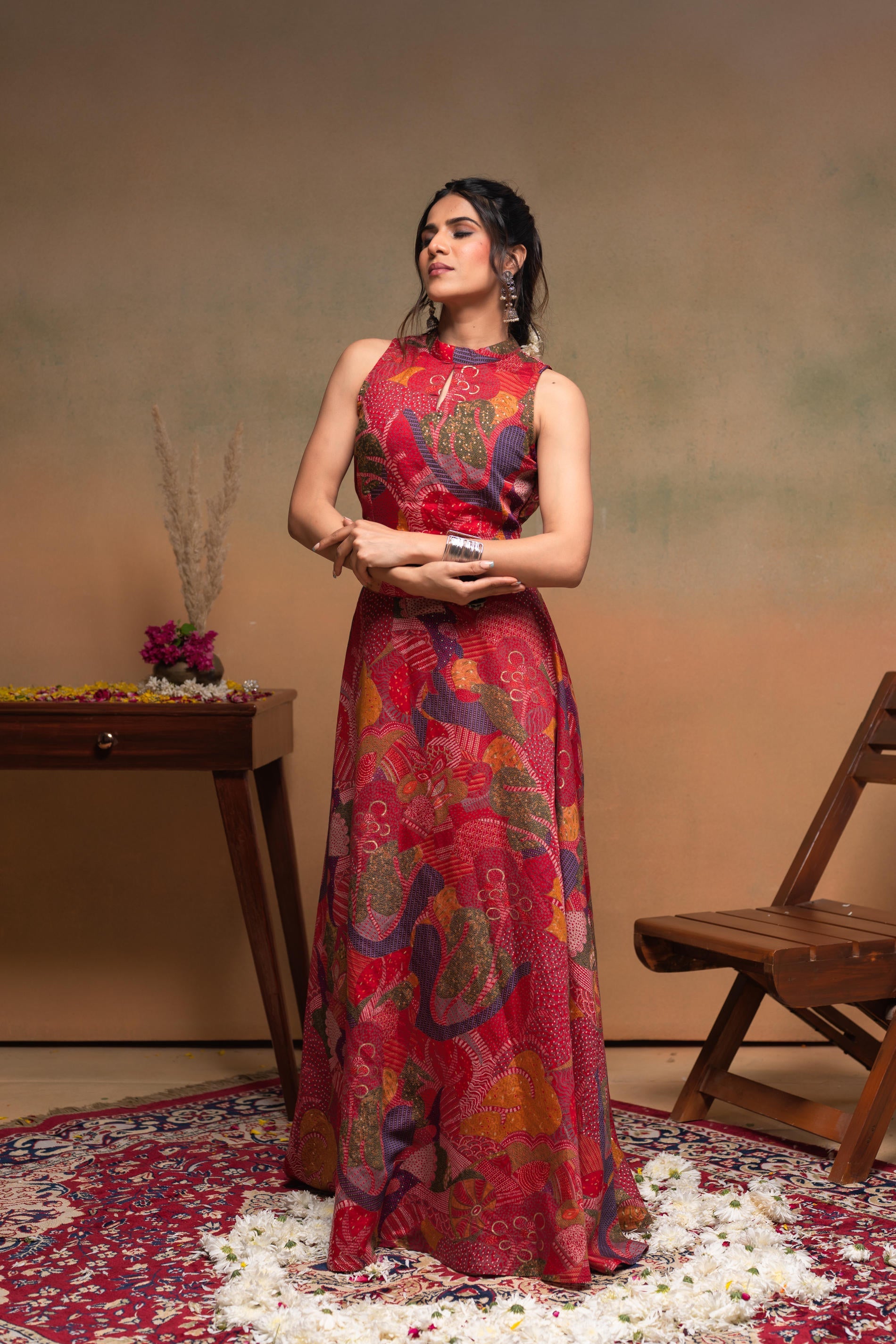 Women's Red Ethnic Motifs Co-ord Set with Turtle Neck Top & Flared Skirt