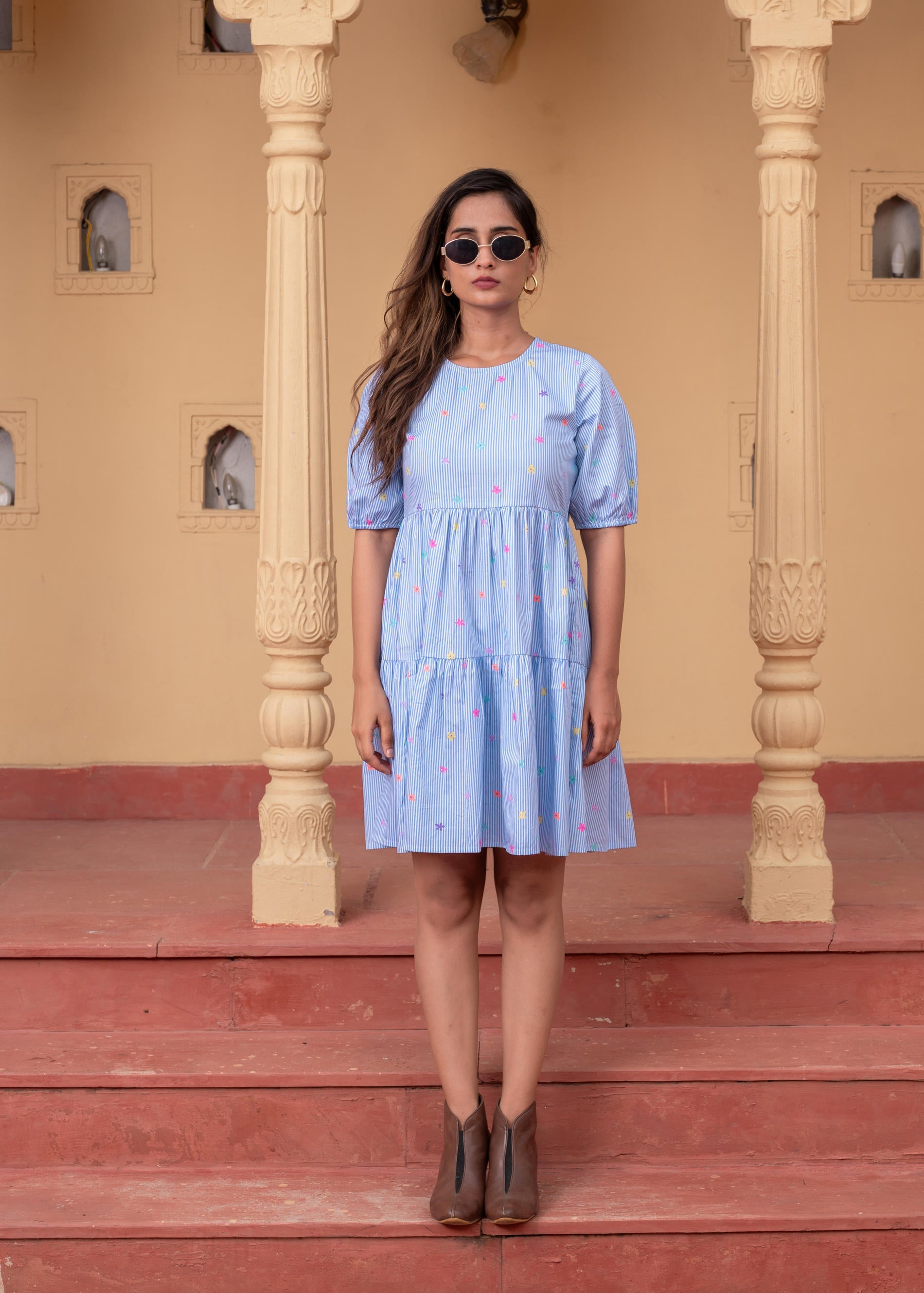 Women's Sky Blue & White Striped Cotton Short Dress