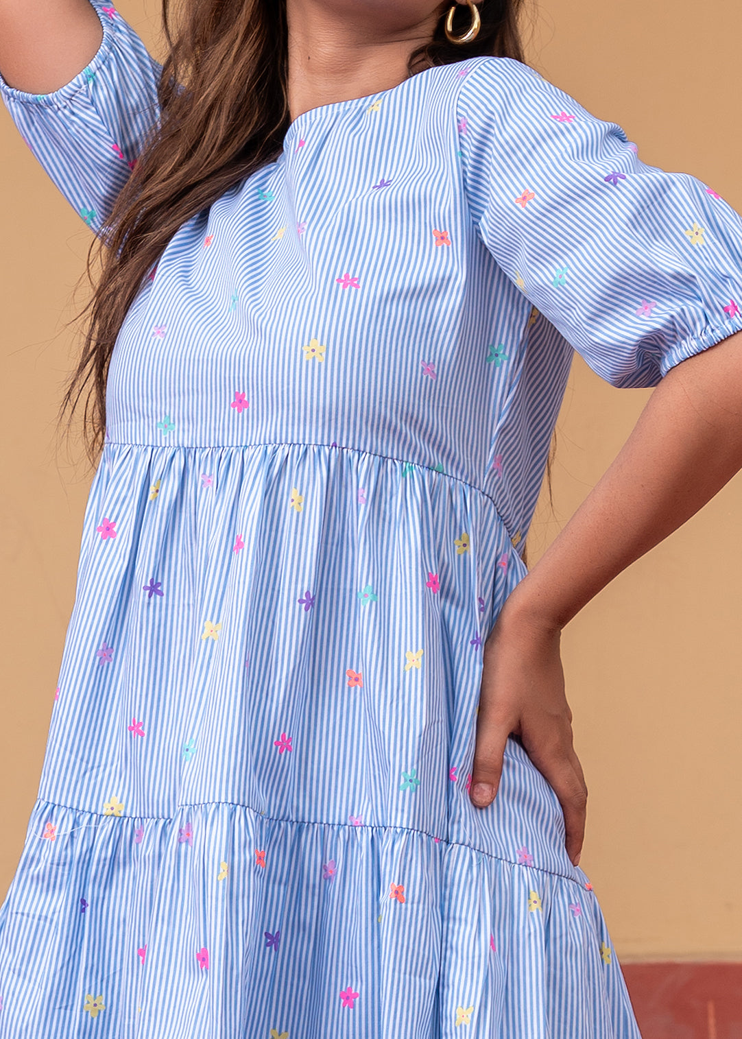 Women's Sky Blue & White Striped Cotton Short Dress