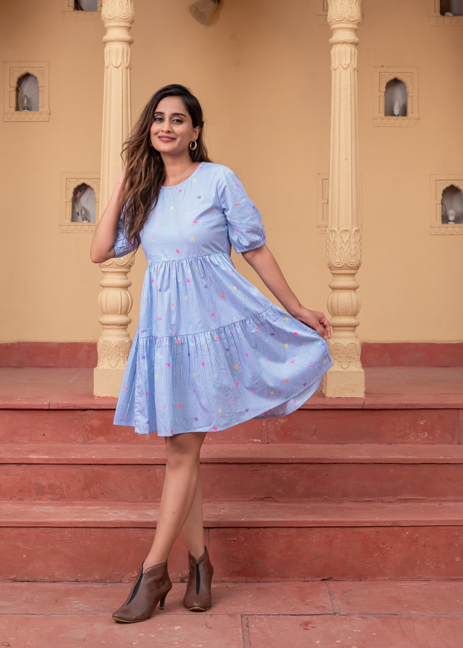 Women's Sky Blue & White Striped Cotton Short Dress