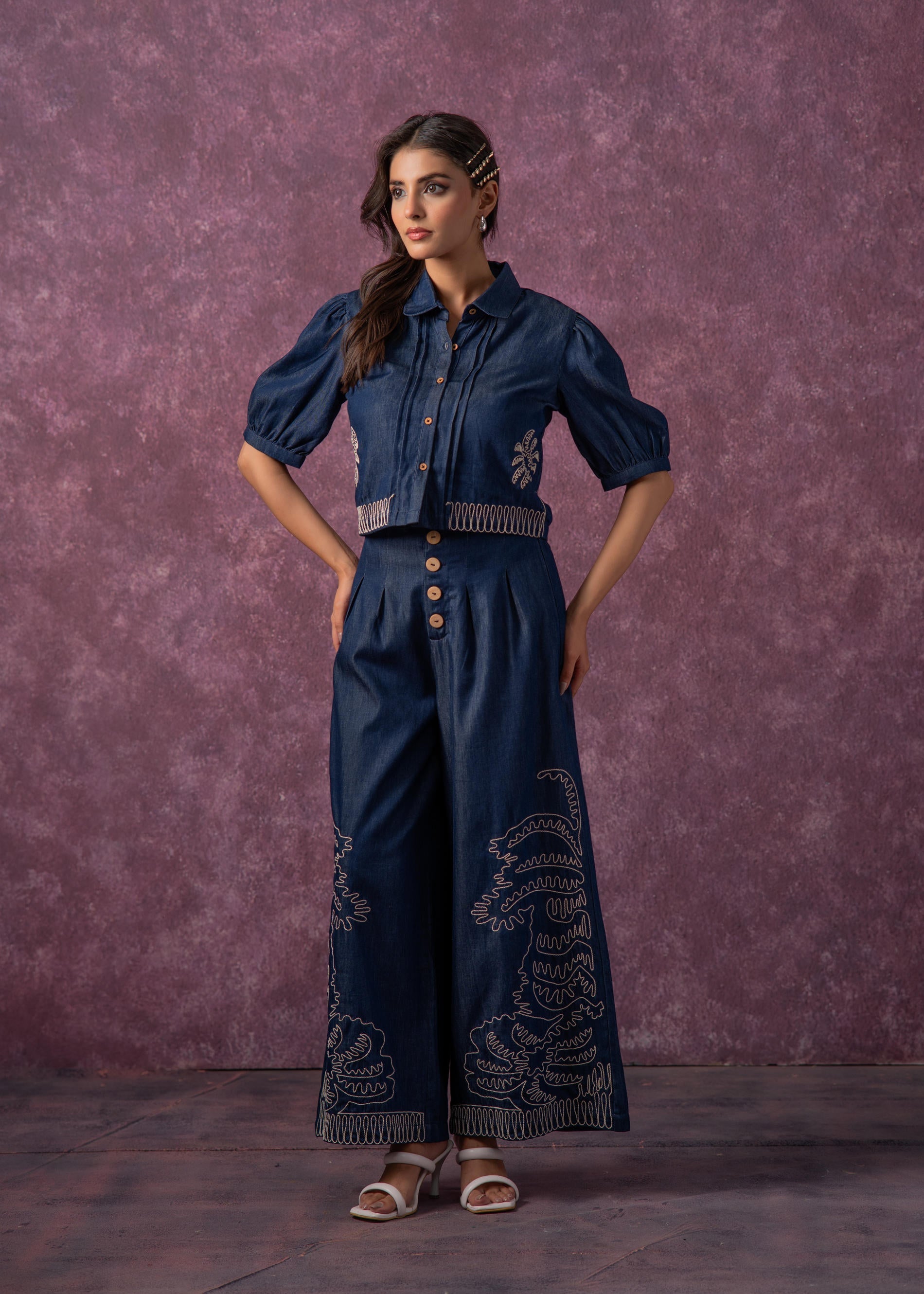 Embroidered Shirt & Straight Pants Co-ord Set
