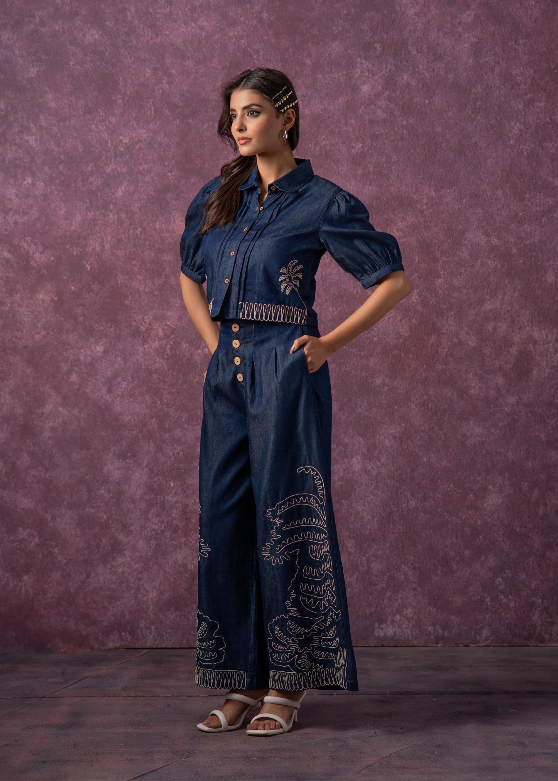 Embroidered Shirt & Straight Pants Co-ord Set