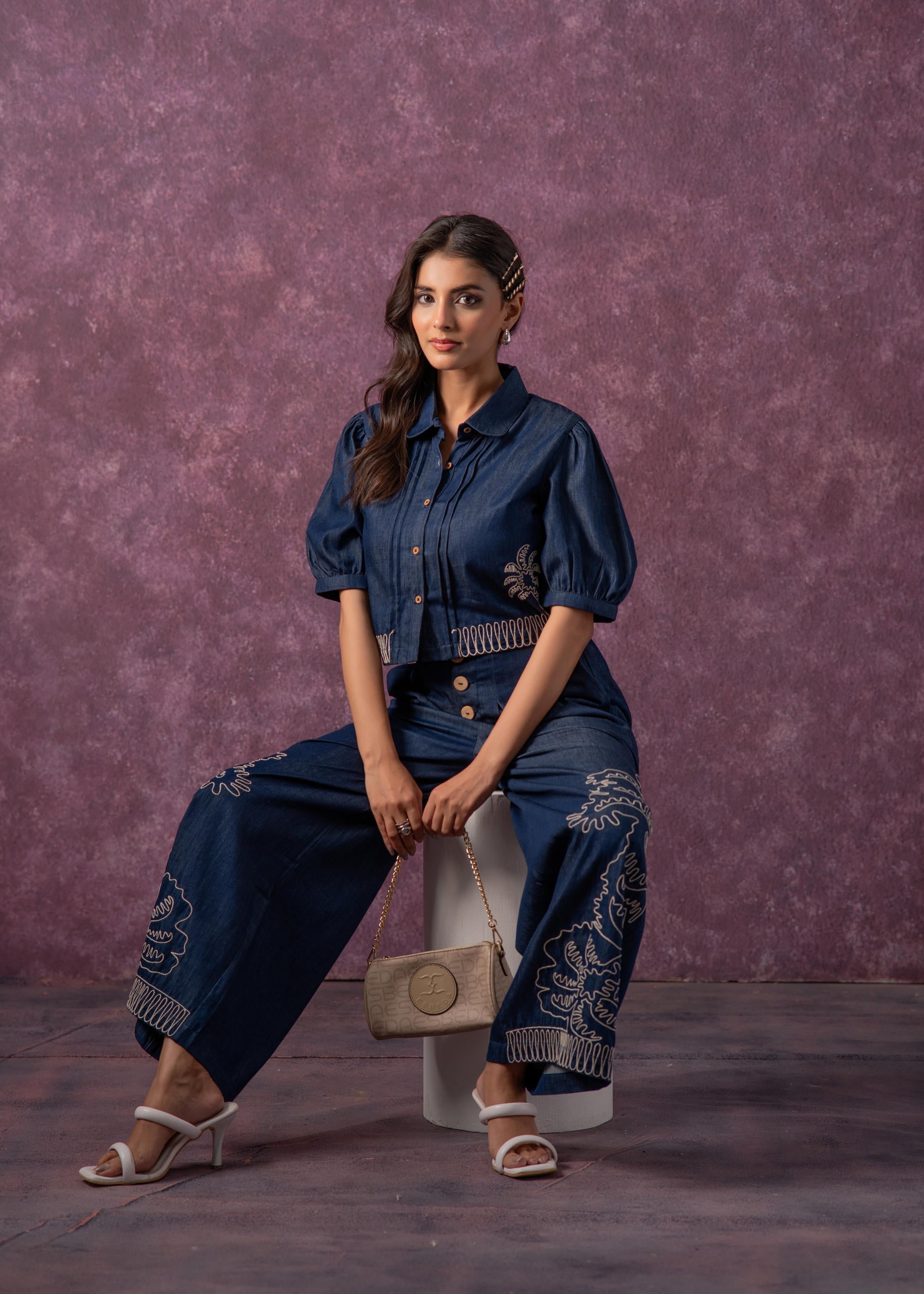 Embroidered Shirt & Straight Pants Co-ord Set