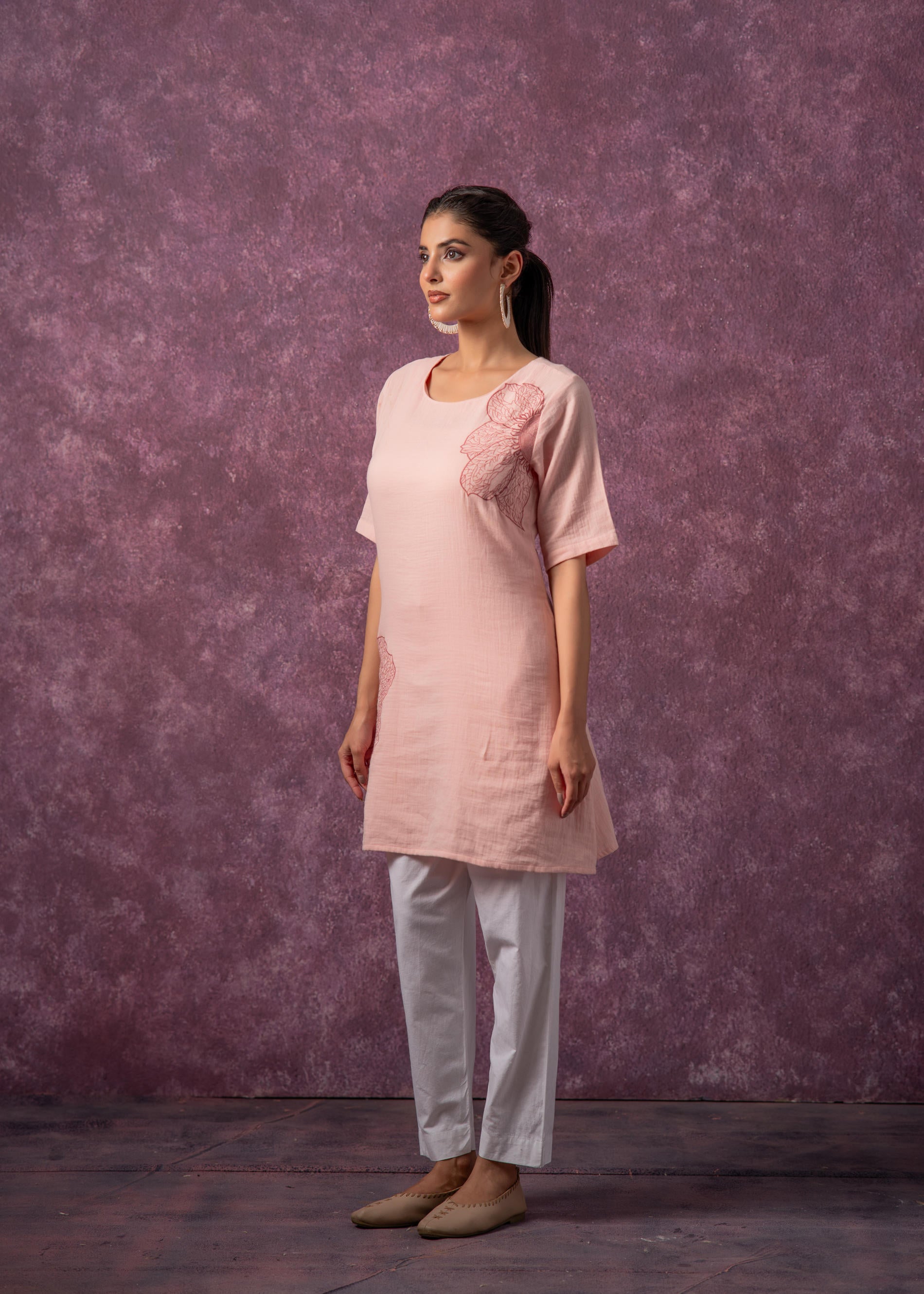 Peach Cotton Embroidered Straight Kurta for Women