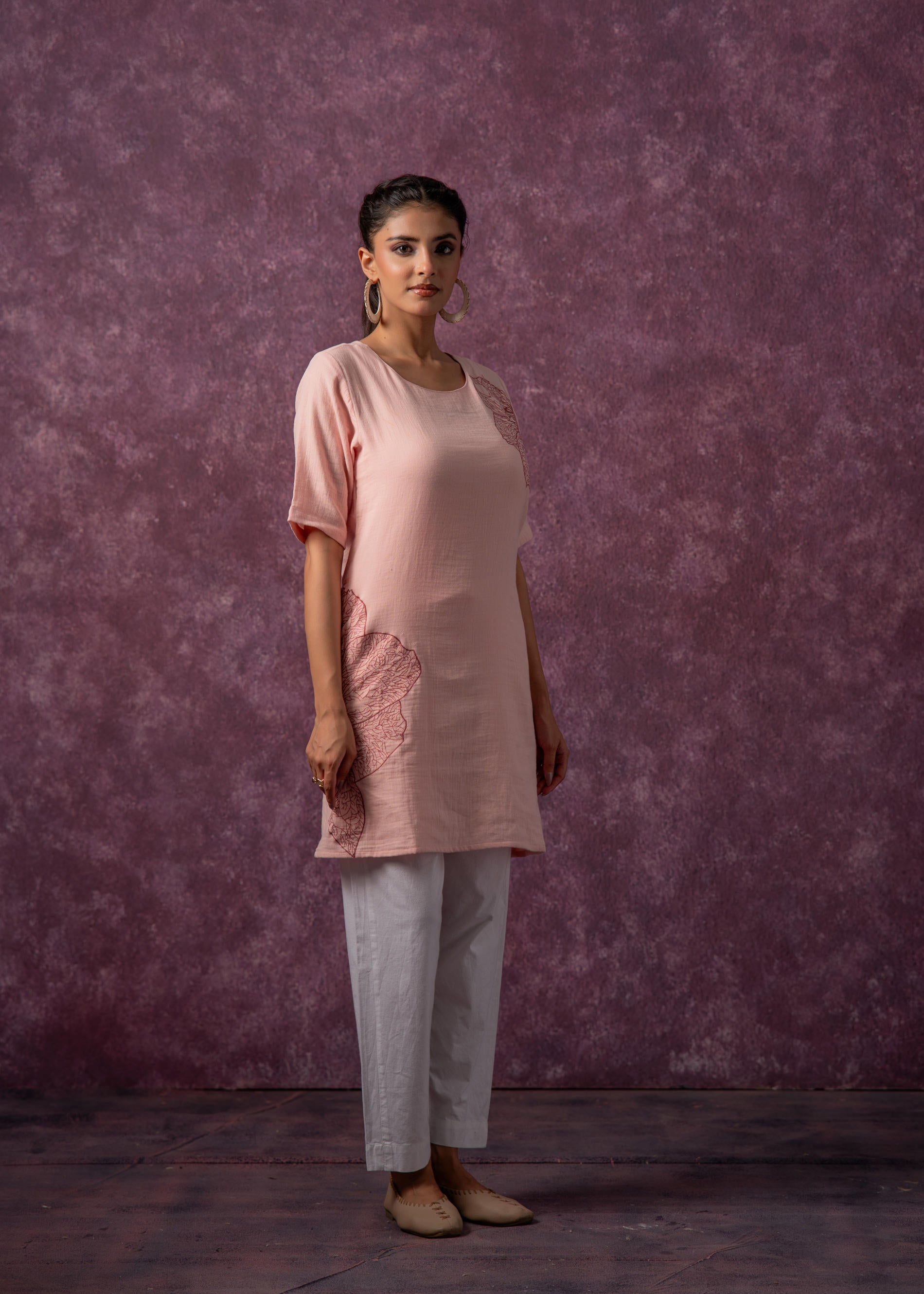 Peach Cotton Embroidered Straight Kurta for Women