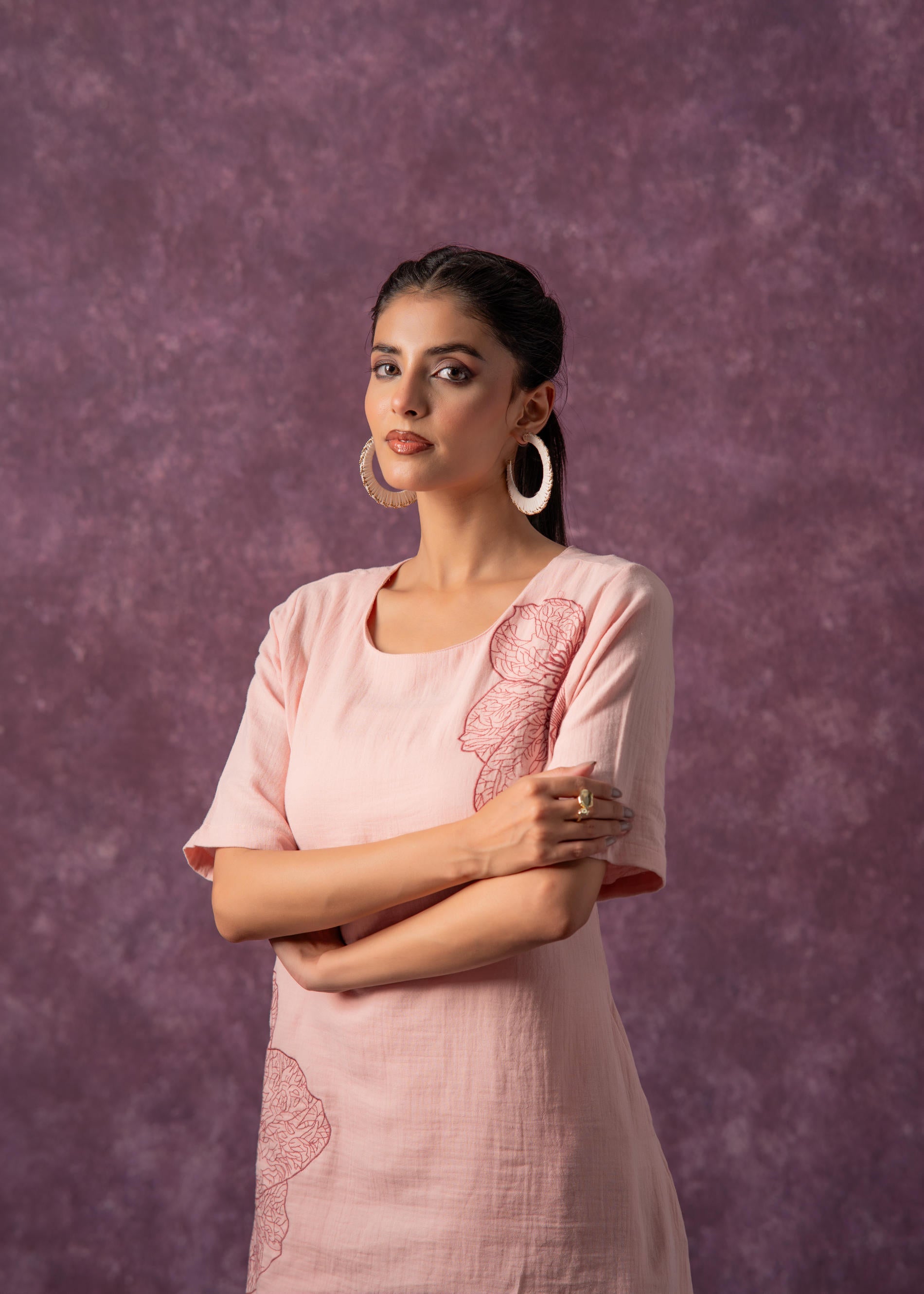 Peach Cotton Embroidered Straight Kurta for Women