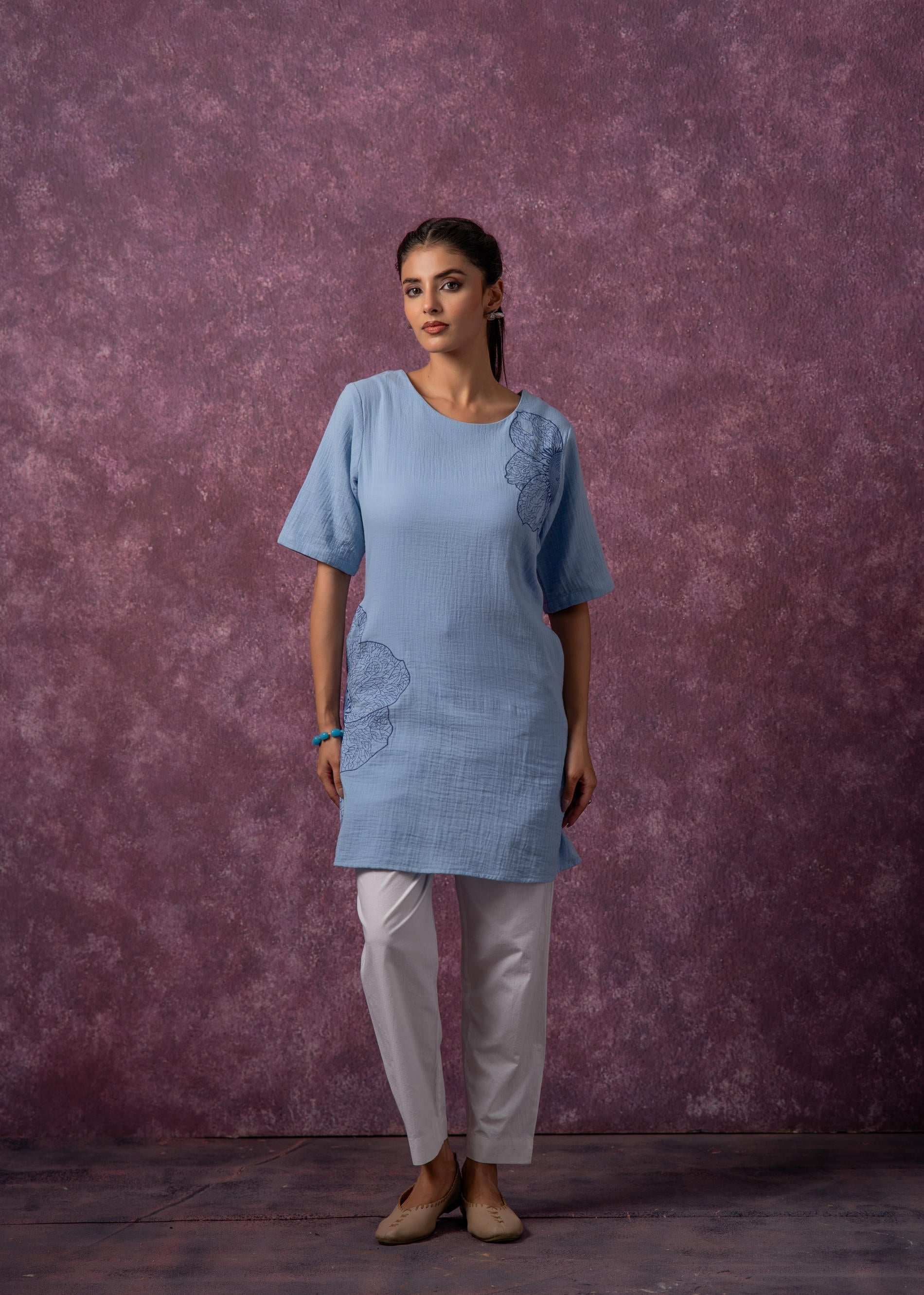 Sky Blue Cotton Embroidered Straight Kurta for Women