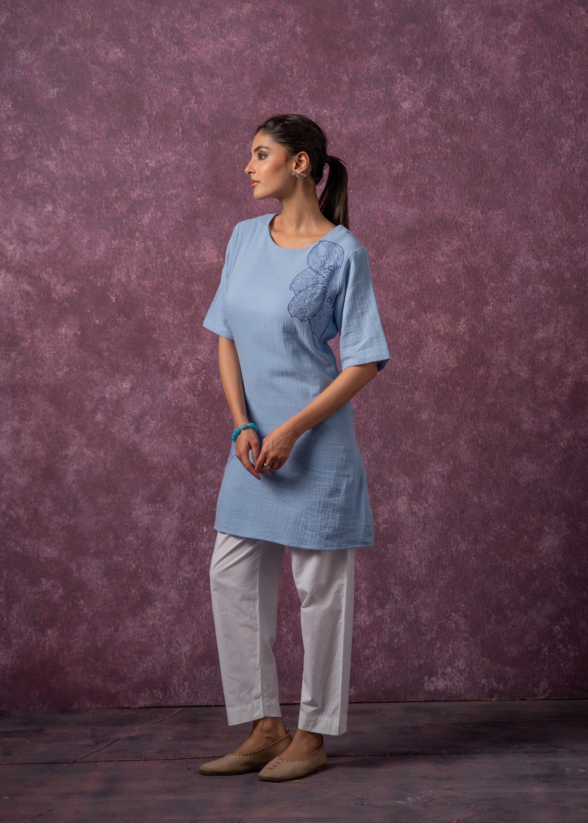Sky Blue Cotton Embroidered Straight Kurta for Women