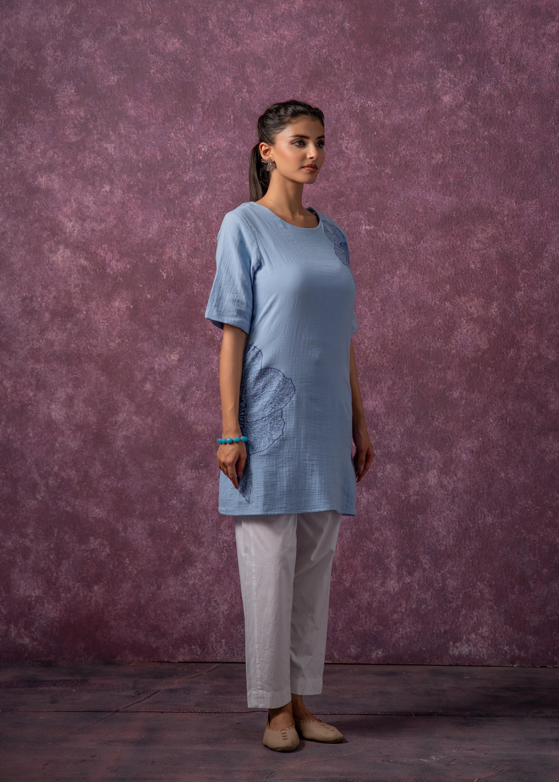 Sky Blue Cotton Embroidered Straight Kurta for Women