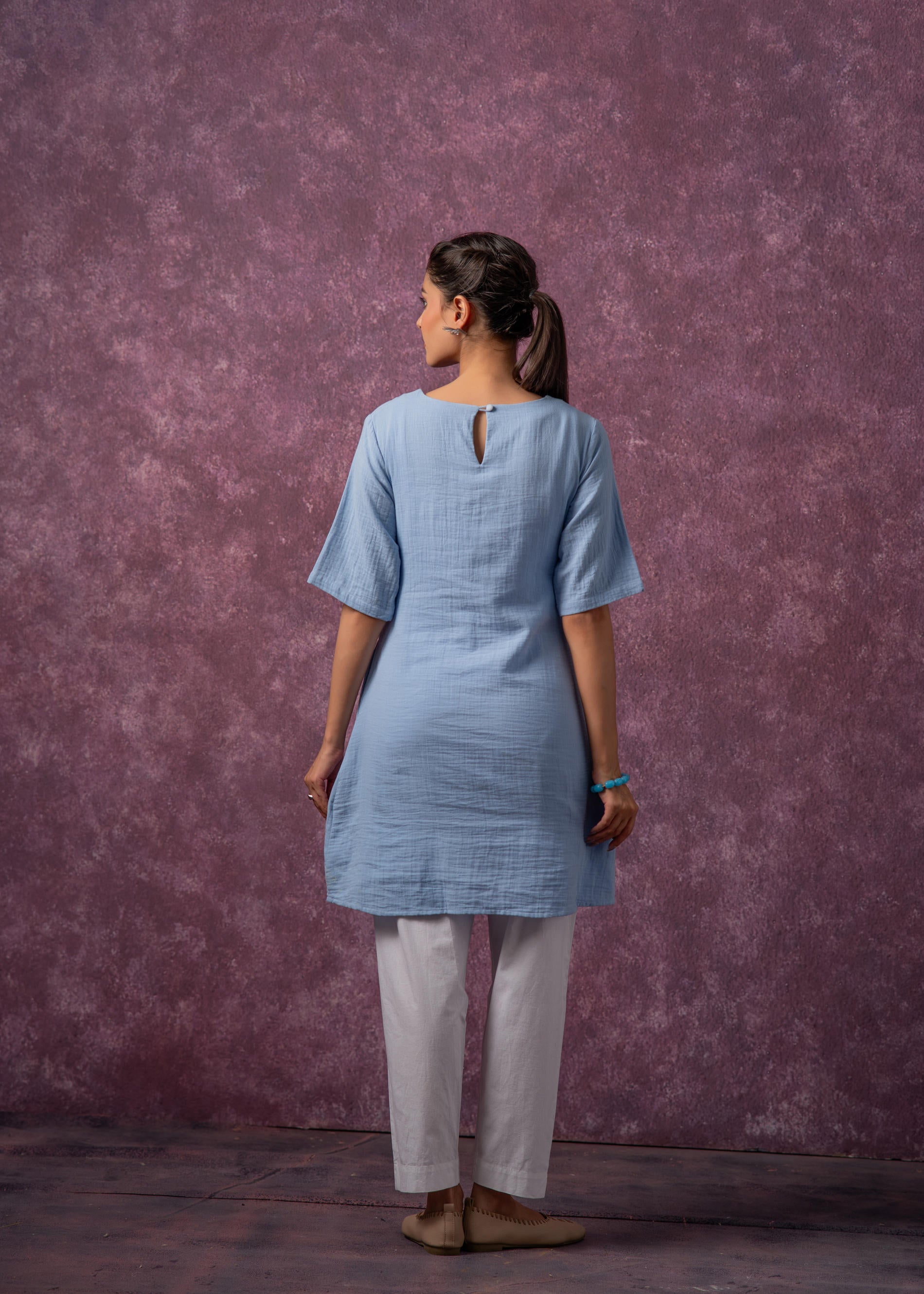 Sky Blue Cotton Embroidered Straight Kurta for Women